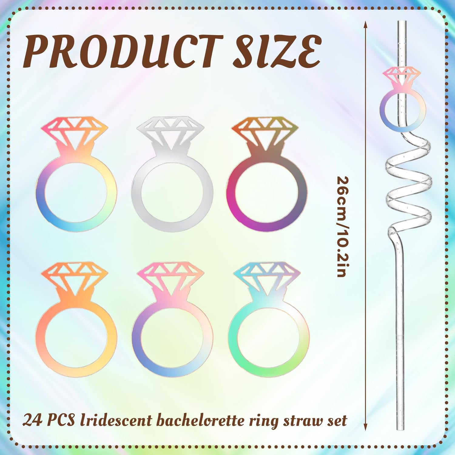 24 Pcs Bachelorette Party Diamond Ring Straw Set Iridescent Reusable Bride Ring Straw Set for Engagement Decorations, Bridal Shower, Bachelorette Wedding Party Favors Supplies
