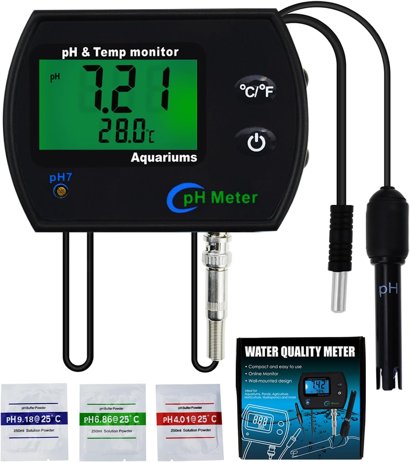 PH Monitor & Temperature Meter 2 in 1 Digital Water Quality Tester Sensor Test Kit with Automatic Calibration/Replaceable BNC Electrode Probe for Aquariums Hydroponics Tanks Aquaculture Laboratory