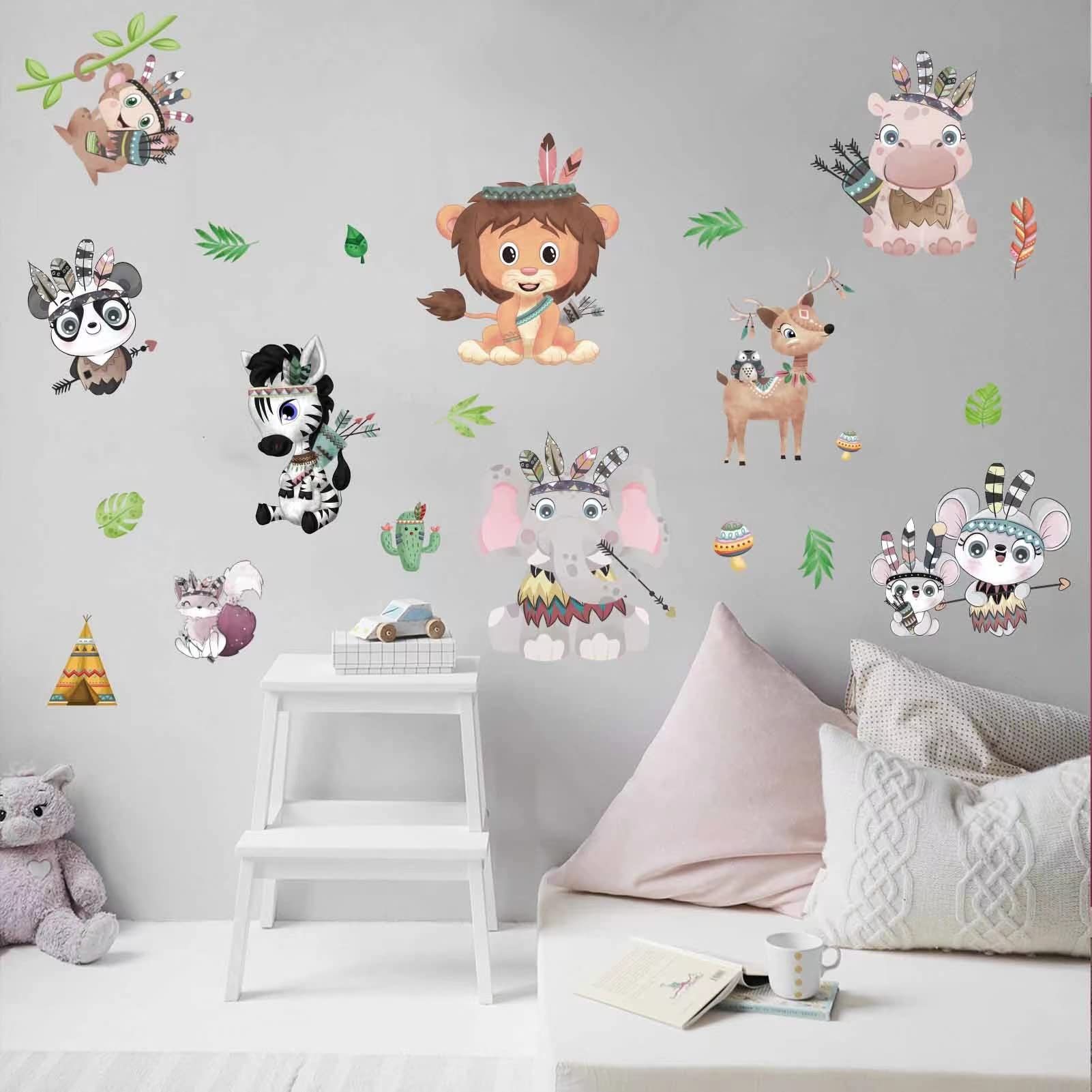 AnFigure Forest Baby Animals Wall Stickers - Monkey Elephant Rabbit Panda Zebra Wall Decals - Baby Nursery Kids Room Daycare Playroom Wall Decor