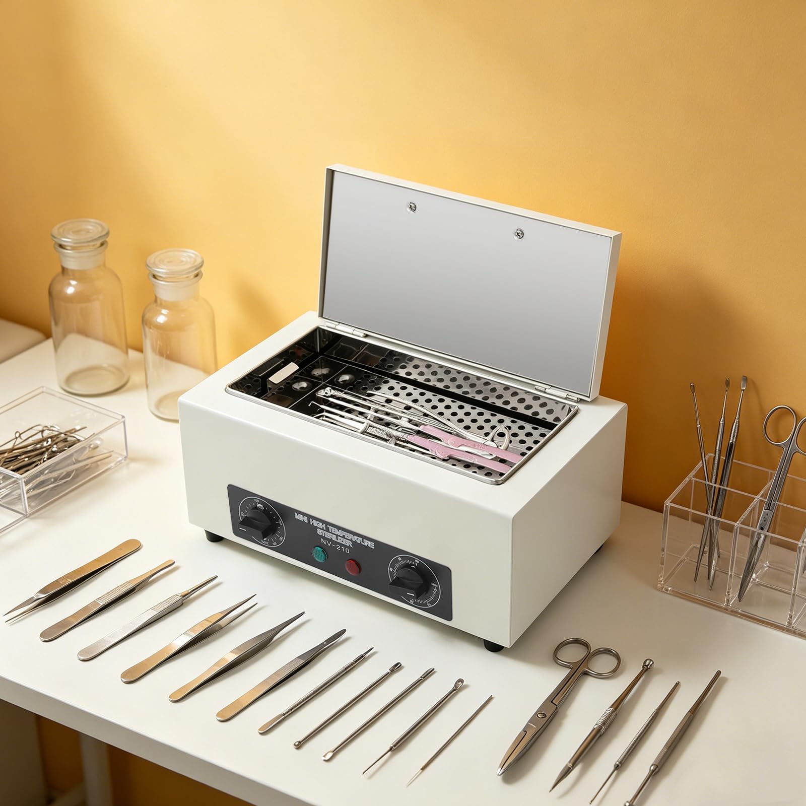 Stérilisateur à haute température, 300 W, 2 l, stérilisateur à air chaud, réglage de la température de 220 °C, stérilisateur à chaleur sèche avec minuterie de 0 à 60 minutes pour une utilisation à la