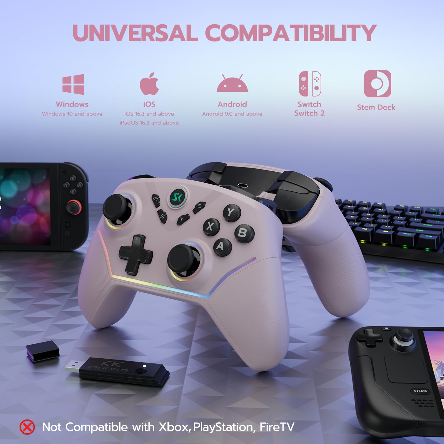 ISHAKO AG43 Wireless Gaming Controller – 1000Hz Polling, 1200mAh Battery PC Controller, Back Buttons, Hall effect Joystick, Hall Triggers, 3-Mode Triggers 2.4G&Bluetooth Controller for PC/Steam/iPhone/Android/Switch -Metallic Berry Powder