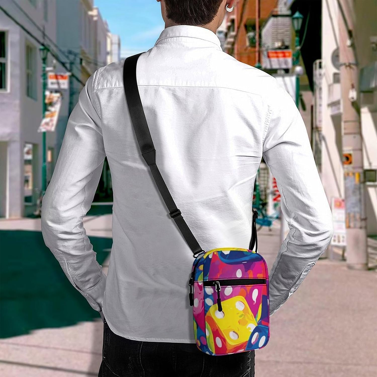 Colorful Dices Small Crossbody Bag Sling Shoulder Satchel | for women men,work travel workout,detachable and adjustable shoulder strap