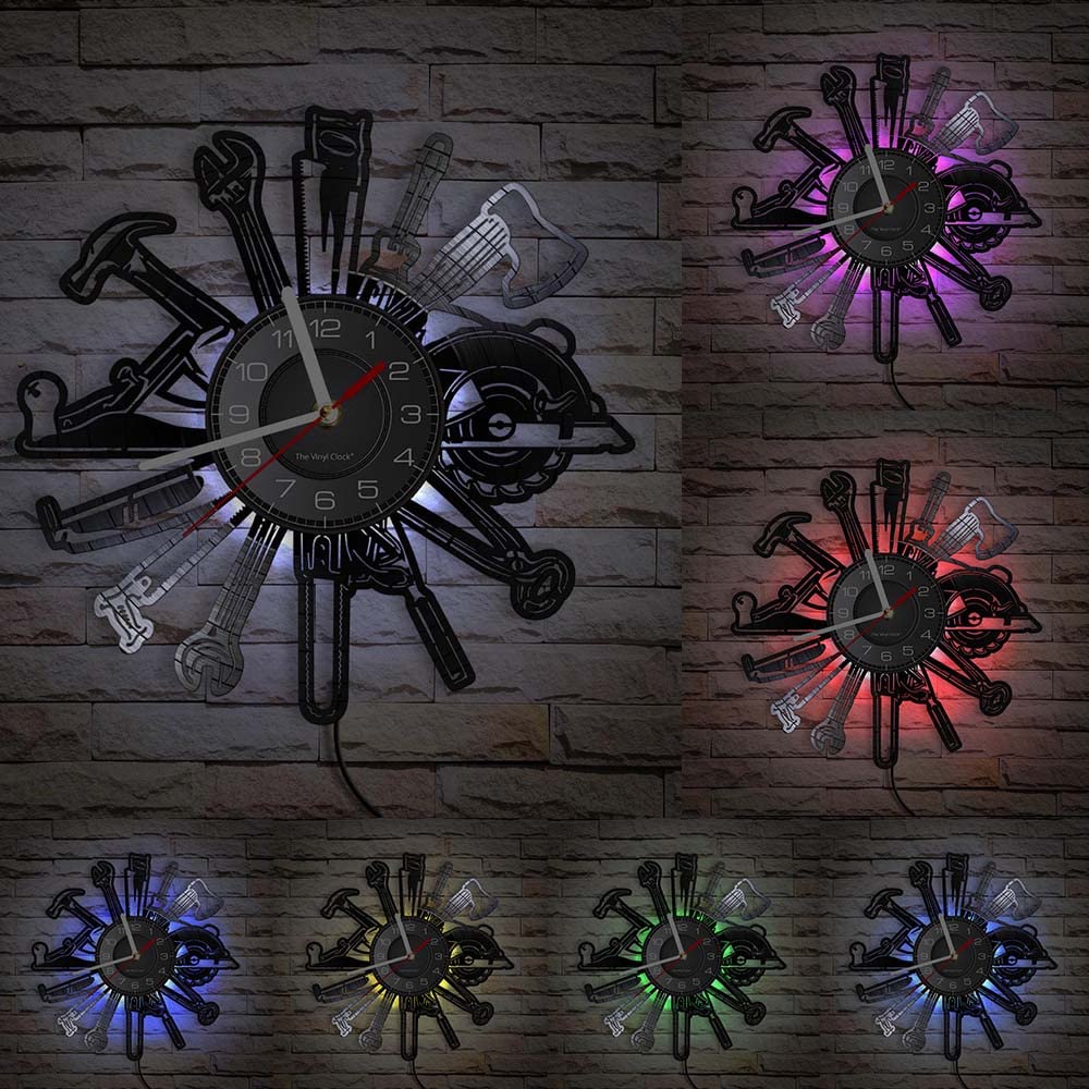 Reloj de pared de vinilo, herramienta de tallado de madera con forma de luz nocturna LED, reloj de pared regalo para artesanos.