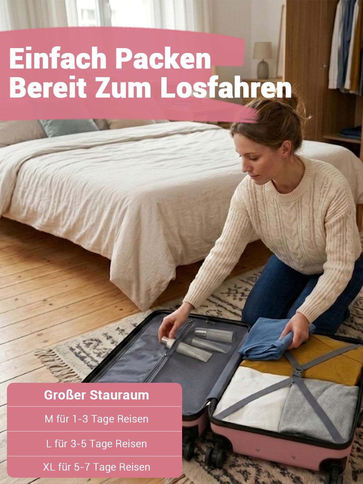Handgepäck Koffer 55x40x20 cm Reisekoffer Hartschalenkoffer aus ABS, Leichter Trolley mit 4 Leisen 360° Doppelrollen, Integriertem Schloss, Für Viele Airlines Geeignet (M, Rosa)