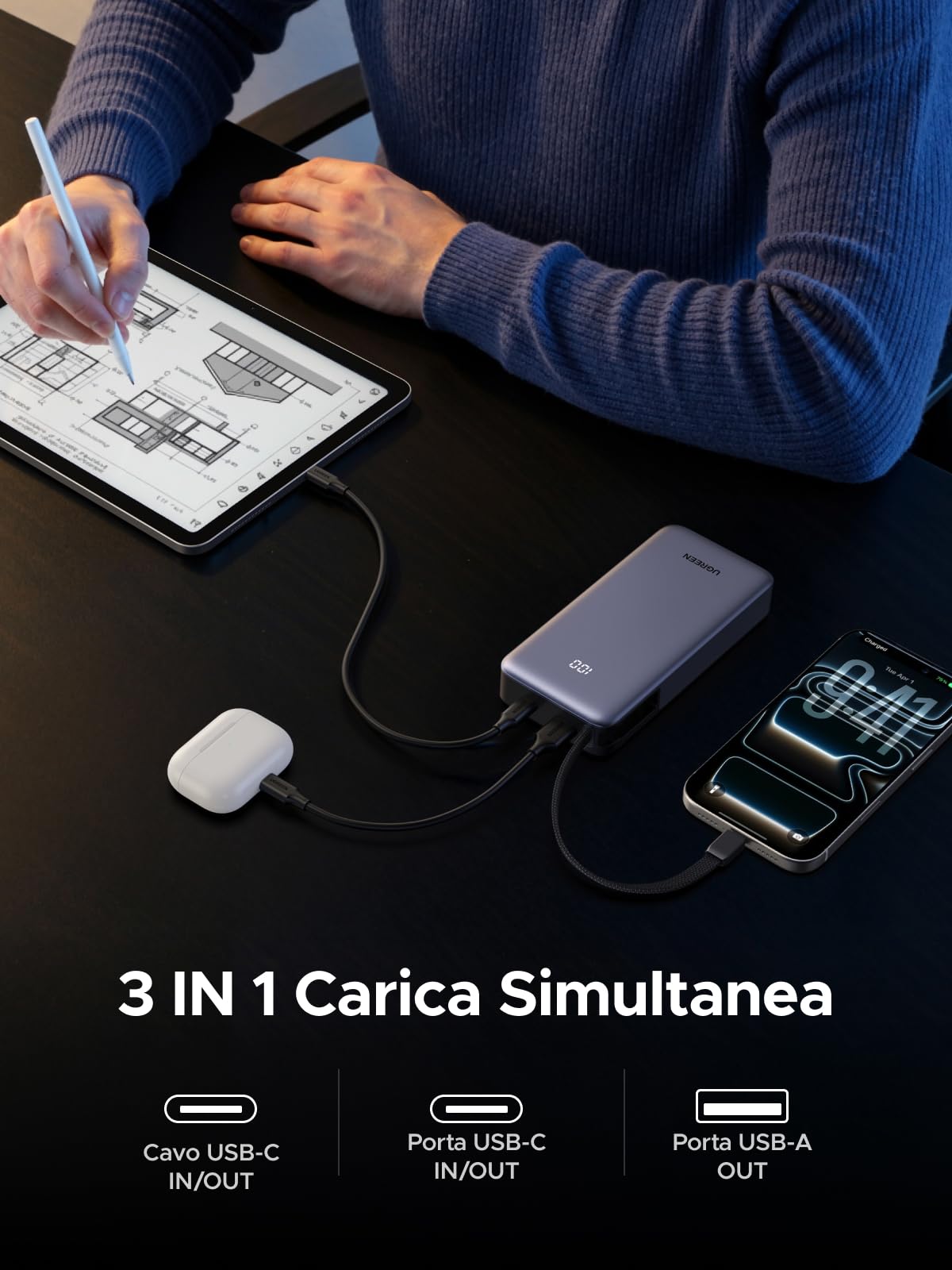 UGREEN Nexode 55W Power Bank 20000mAh CCC Ricarica Rapida Caricatore Portatile PC Cavo USB C Integrato PD 45W LED Compatibile con Xiaomi Note 15 14 13 Poco M8 M7 iPhone 17 16 Galaxy S26 S25 MacBook
