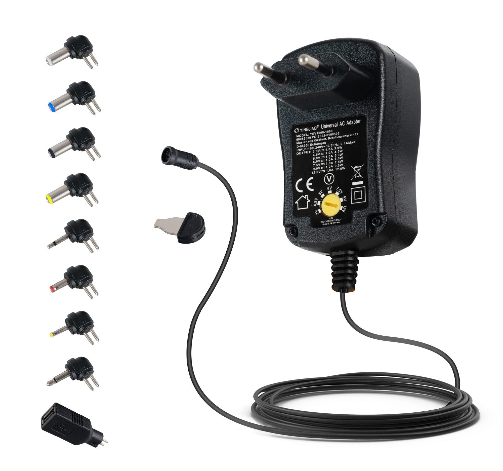 McGrey UAD-1000 Fuente Universal 1A para Dispositivos electrónicos. Corriente 1000 mA, Voltaje Ajustable 3-12V, polaridad Intercambiable. Incluye 8 adaptadores y Adaptador USB.
