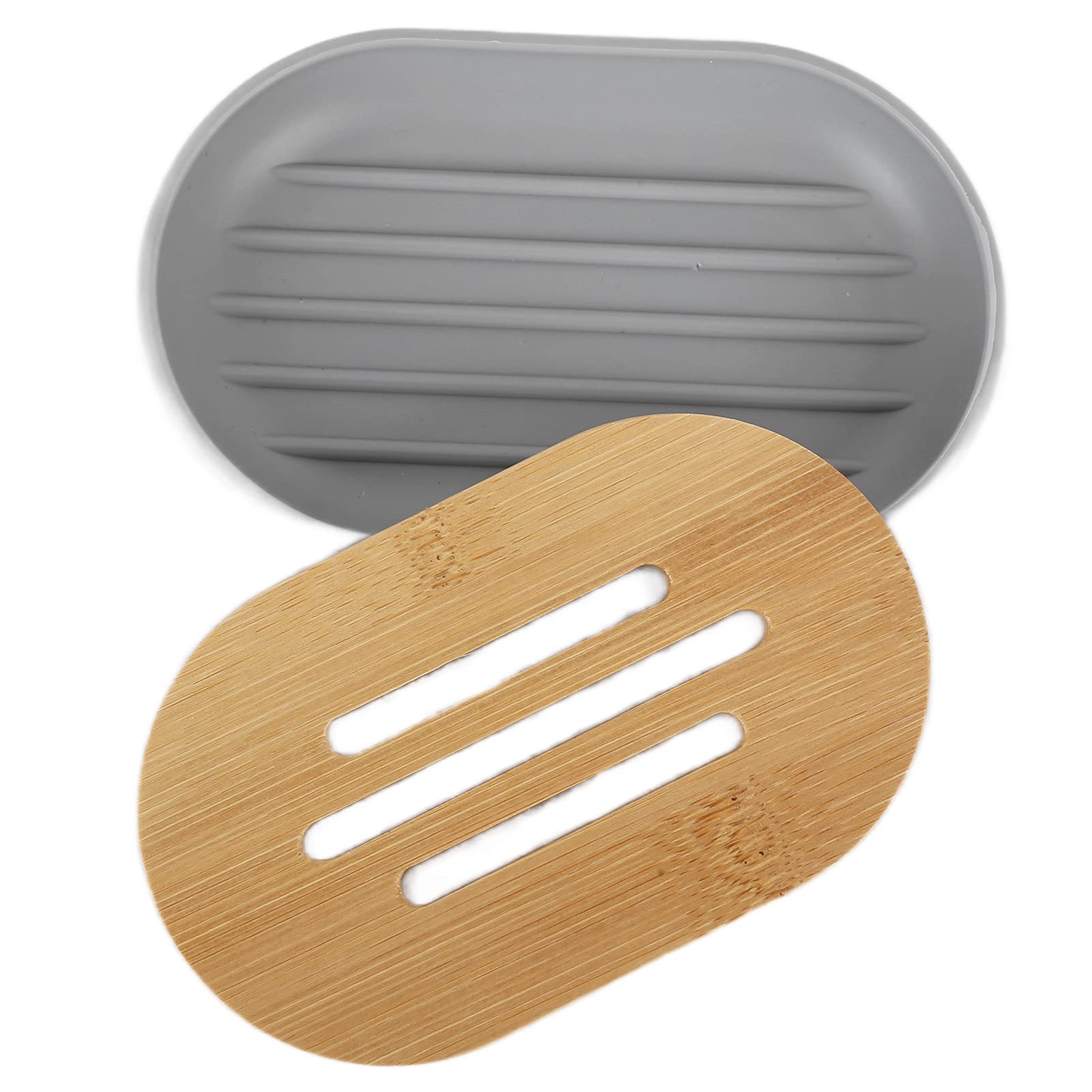 Set di 4 accessori da bagno in bambù: portaspazzolino impermeabile, porta sapone, dispenser per lozione e bicchiere per il colluttorio; set da bagno dal design moderno e liscio, (Grigio)