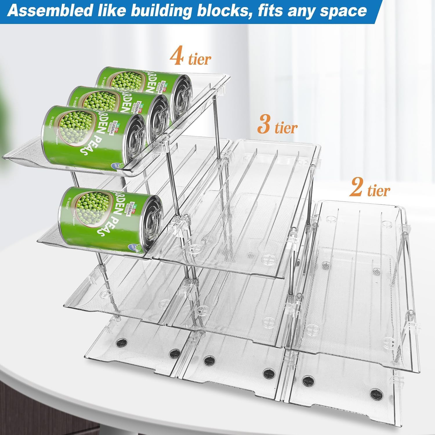 Konservendose Organizer für Schrank, automatisches Rollen und verstellbare Höhe und Breite, CLear 3 Etagen Suppendose Organizer hält bis zu 36 Dosen für Küchenschrank oder Kühlschrank