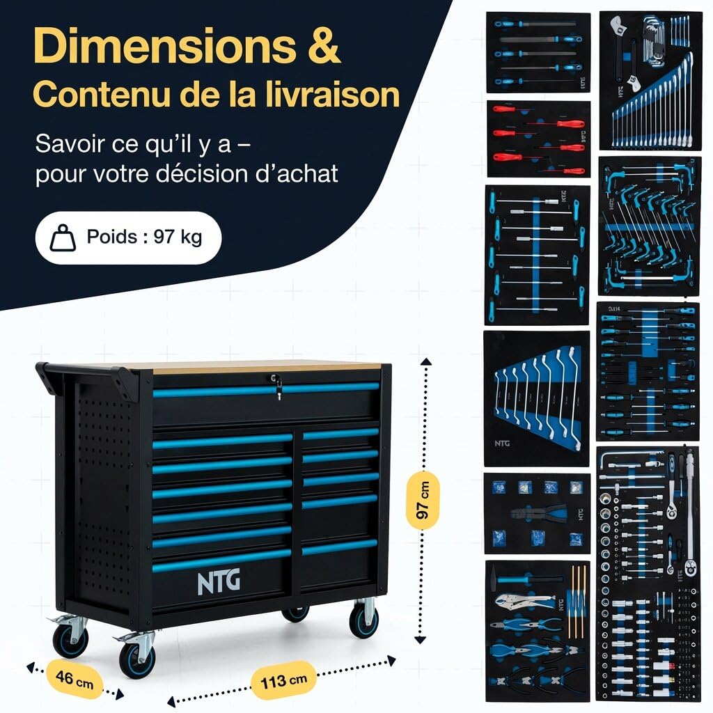 NTG Chariot à outils XXL – 471 pièces – 12 tiroirs avec plan de travail en bois, verrouillable, mobile sur roulettes – Meuble de rangement professionnel en métal pour garage et atelier