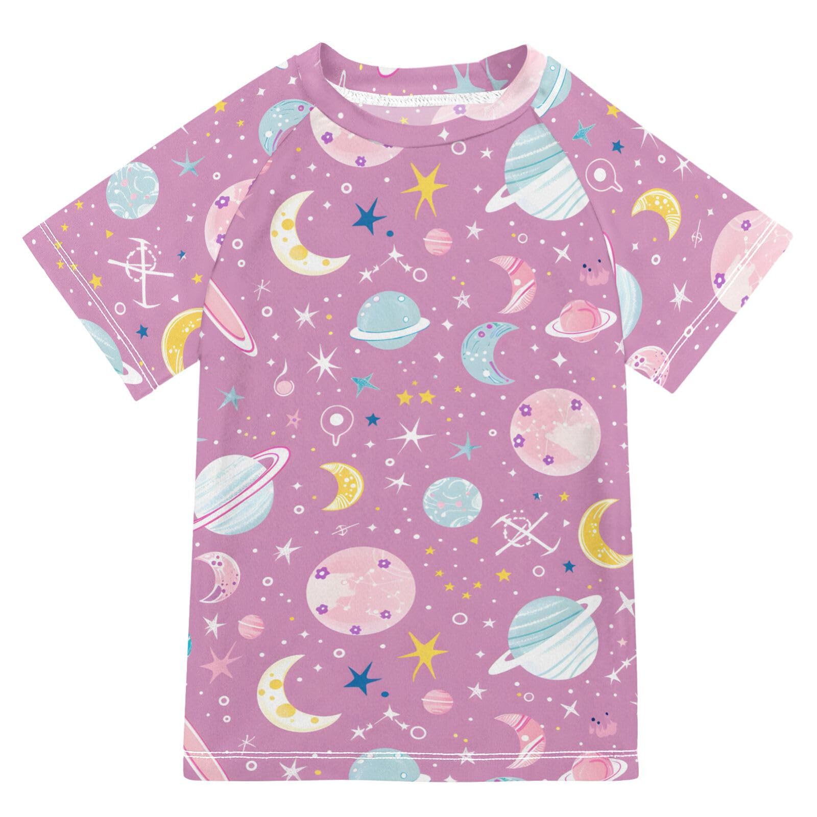 ALAZA Boys Rash Guard Swimming Shirt for Boys Short Sleeve Celestial Moons Pink UPF 50+ 5-6T