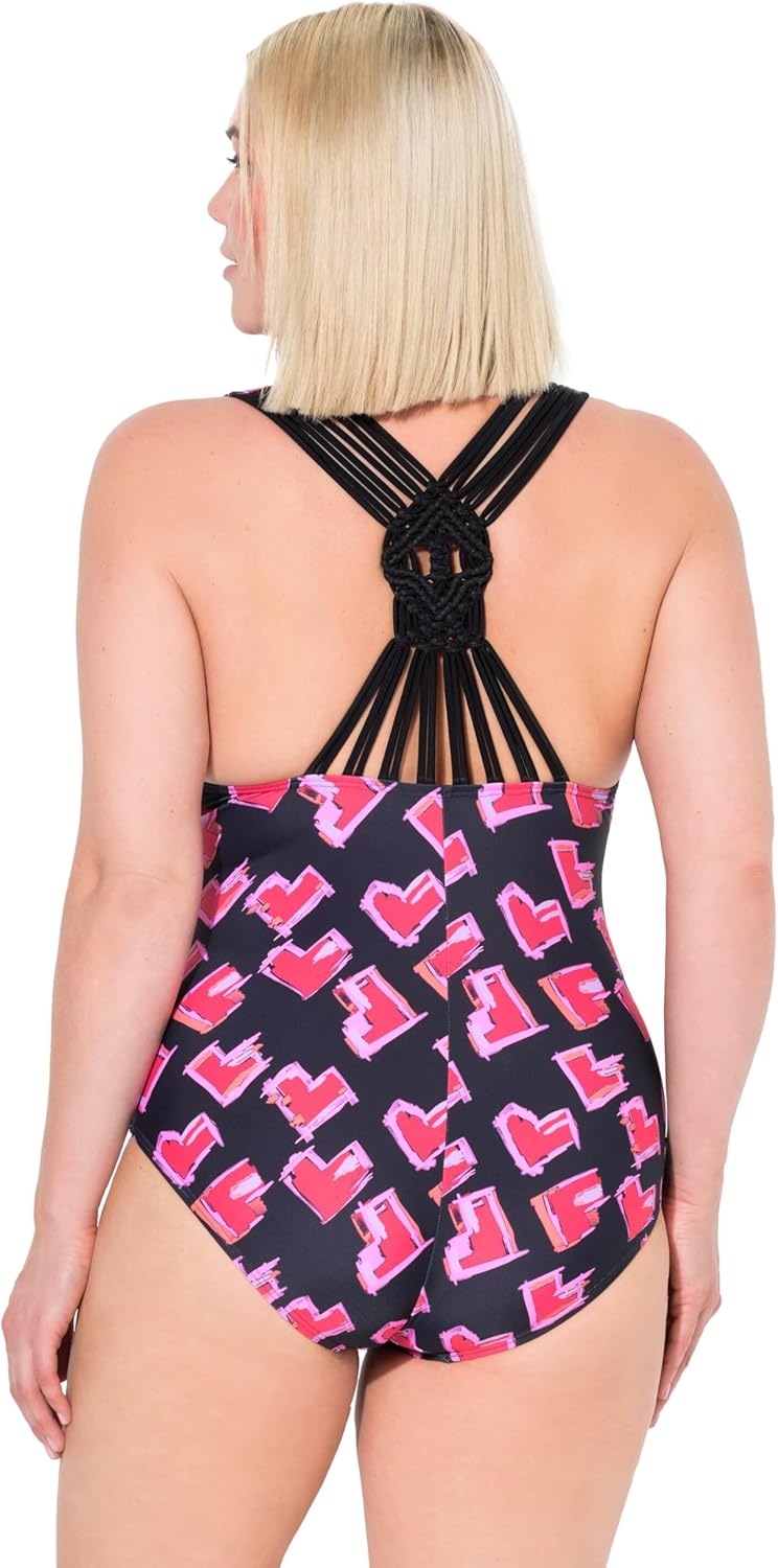 Ulla Popken Badpak Laura - Dames Grote Maten, Macramé Rug, Citroen Print, Zwart (maat 50