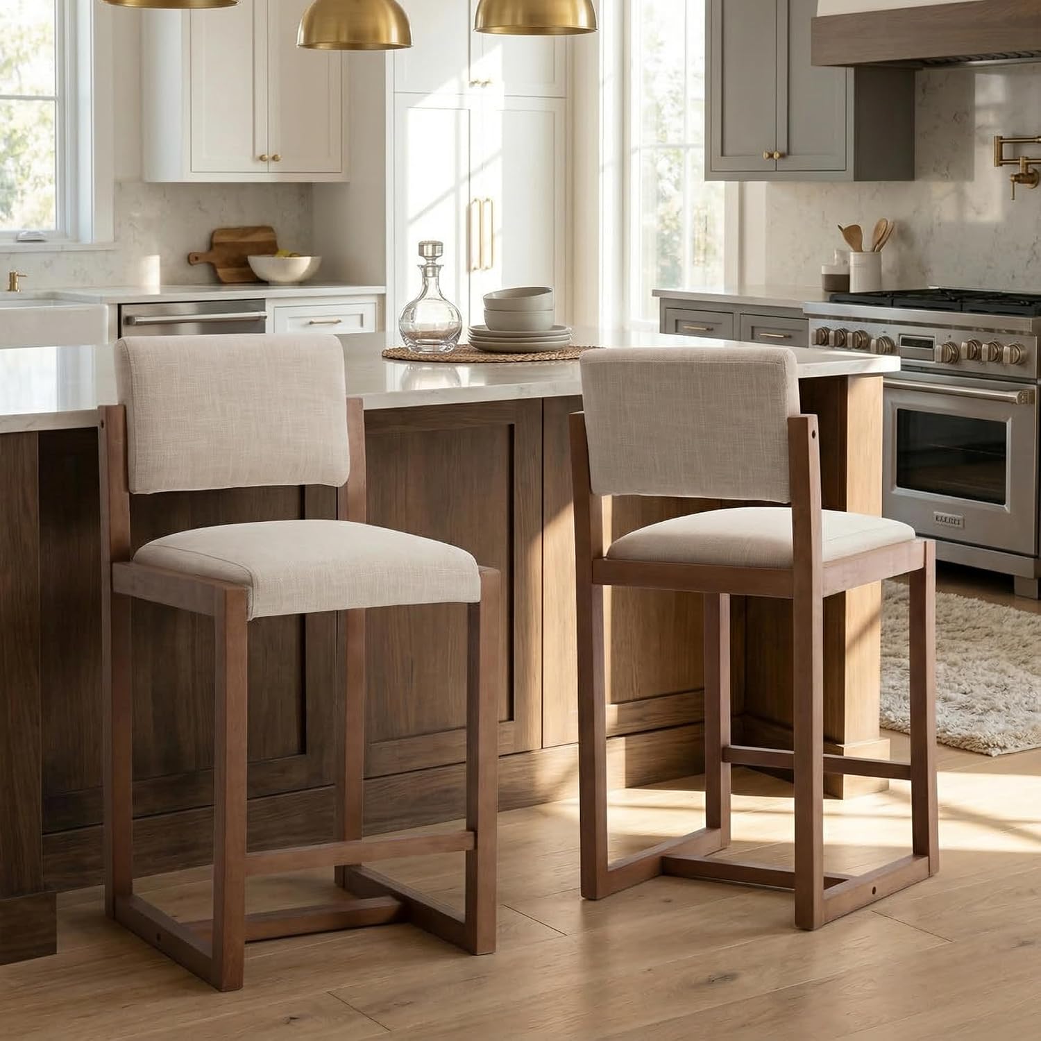 HNY 26" Counter Height Bar Stools Set of 2, Solid Rubberwood Frame with Beige Linen Upholstered Seat & Back, Modern Sled Base Barstools for Kitchen Island, Home Bar, Dining Room
