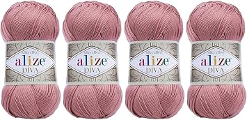 100% Microfiber Acrylic Alize Diva Silk Effect Knitting Sport Crochet Yarn Lot of 4 Ball skeins 400gr 1532yds Color 354 Rose
