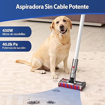 40KPa/450W Aspiradora Sin Cable Potente, 60Min Escoba Aspirador Sin Cable para el Hogar, Ultra-Silenciosa con Pantalla LED Inteligente, Cepillo Anti-Enredos para Suelos, Alfombras y Pelos de Mascotas1