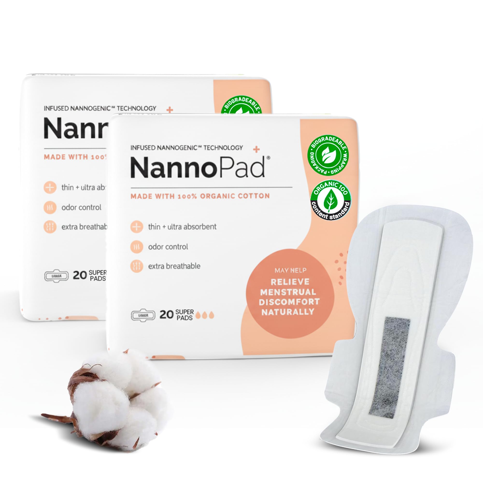 NannoPad 100% Organic Pads for Women - Organic Cotton Overnight Pads with Wings - Designed for Comfort & Ultra-Thin - No Fragrances, Odor-Control,