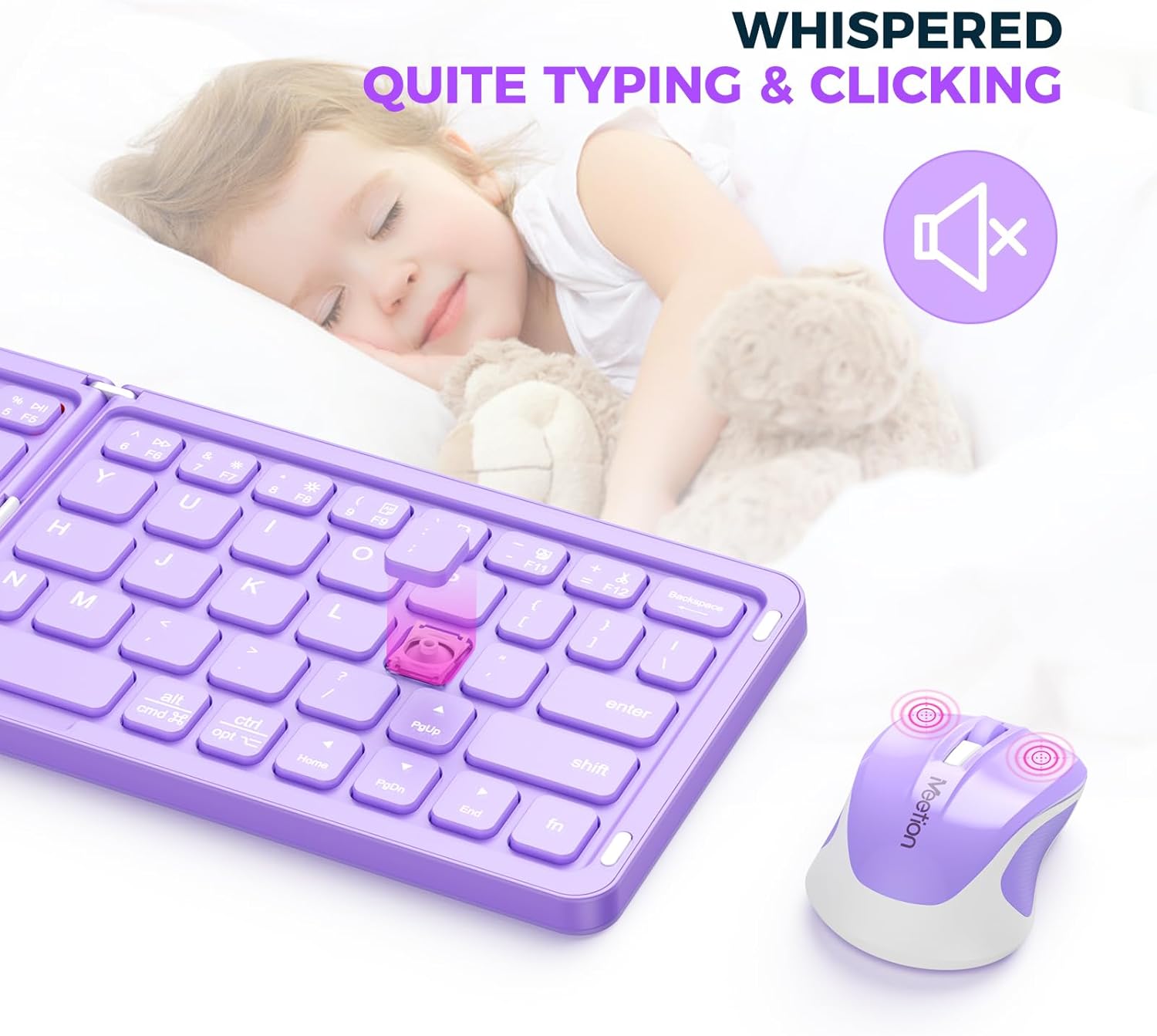 Close-up of MEETION Foldable Keyboard and Mouse with quiet typing and clicking feature