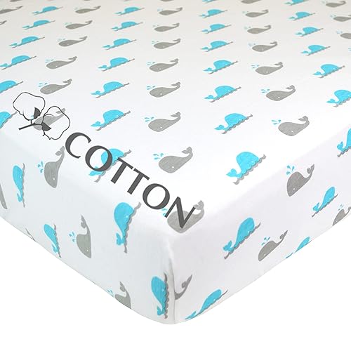 Miniatura 6 de American Baby Company Sábana bajera ajustable para cuna de 28 x 52 pulgadas, suave, transpirable, neutro, 100% algodón, ballena, para niños y niñas,
