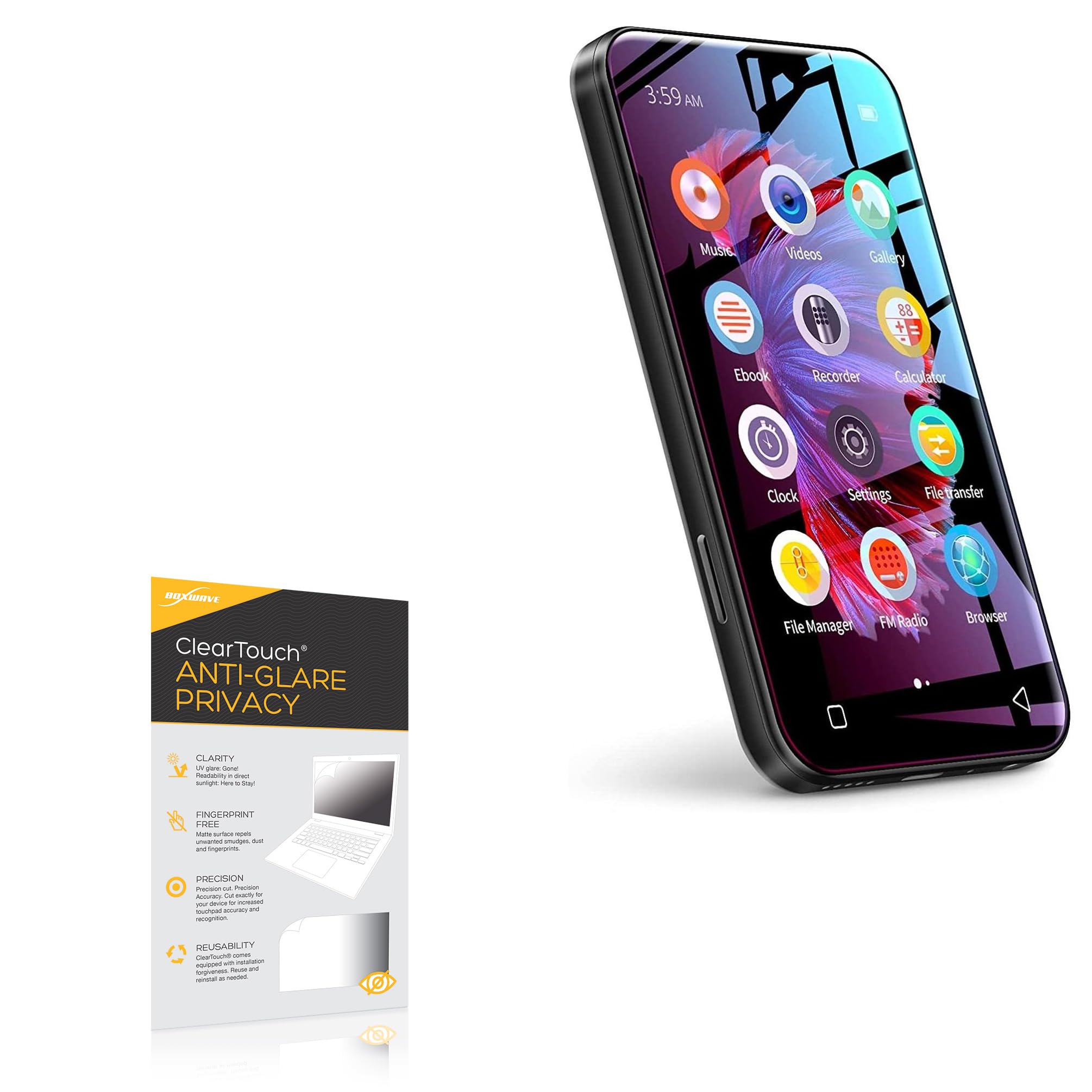 BoxWave Screen Protector Compatible With TIMMKOO Q5 WiFi MP3 Player with Bluetooth - ClearTouch Anti-Glare Privacy (2-Pack), Privacy Screen Protector Flexible Film Anti-Glare