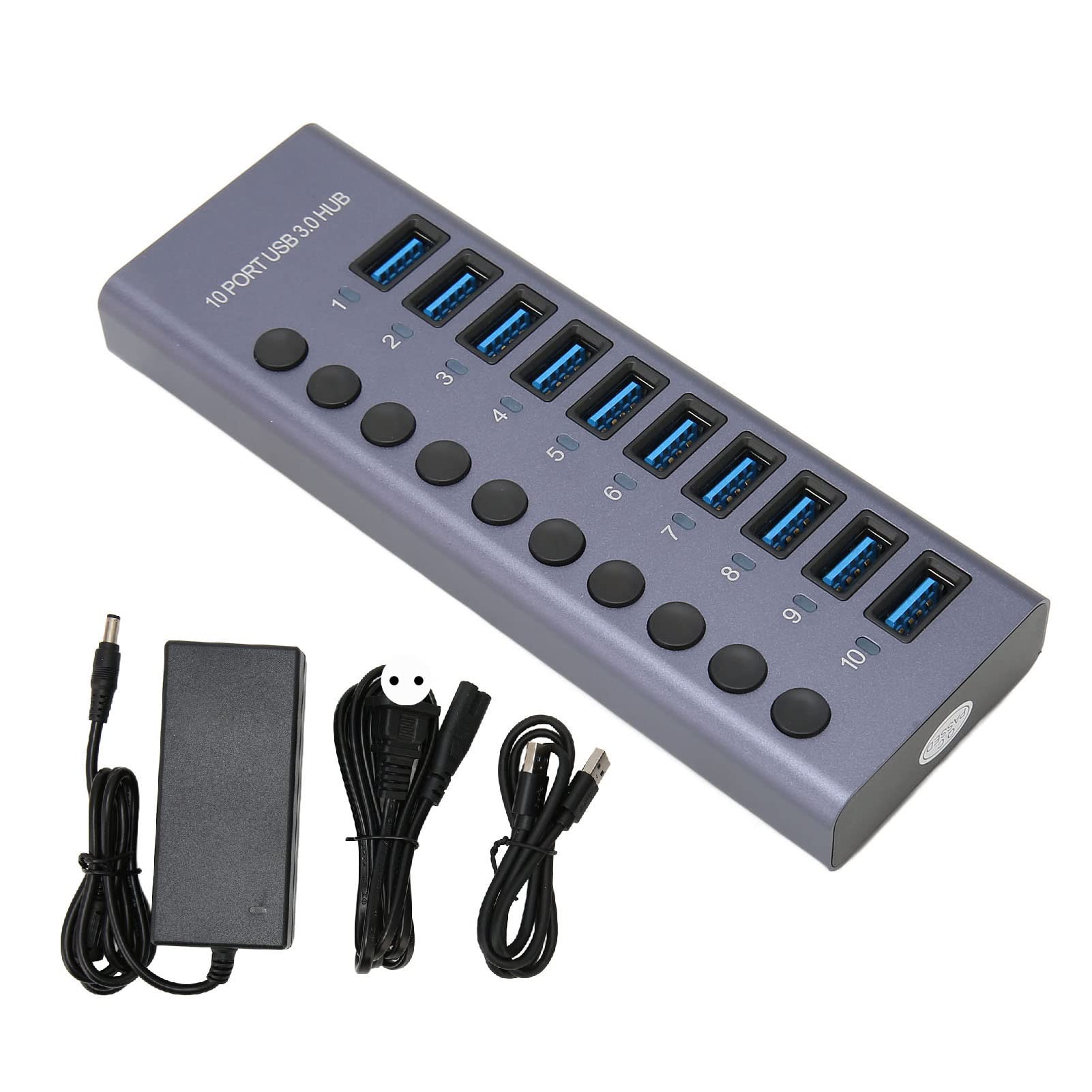 Hub USB 3.0 de 10 Puertos y 60 W con Interruptores de Alimentación Individuales y LED, Concentrador USB con Alimentación, Estación de Acoplamiento USB 3.0 con Carcasa de