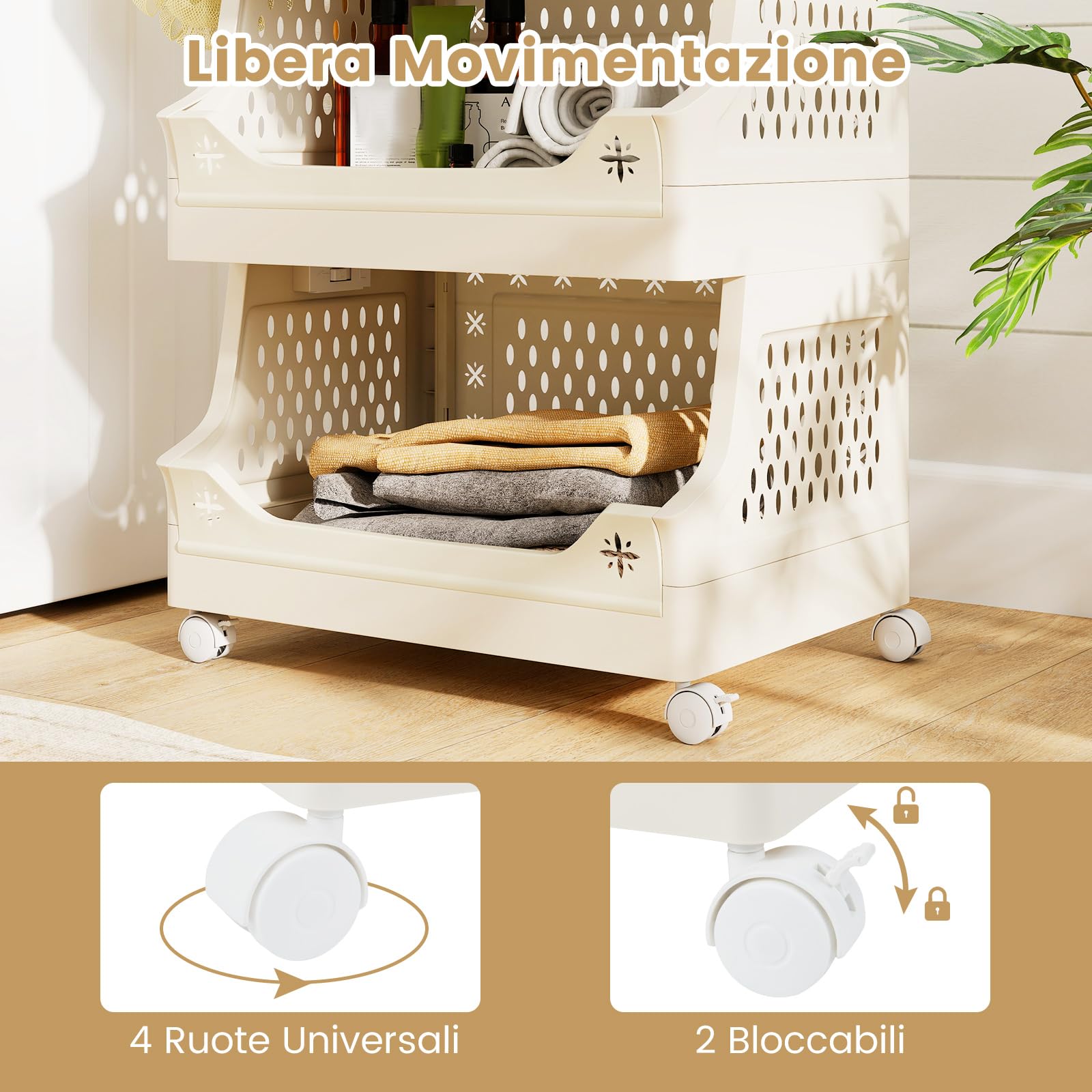 RELAX4LIFE Carrello Portaoggetti a 3/4/5/6 Livelli, Portabiancheria Impilabile con Ruote, Maniglie e Ganci, Salvaspazio in Plastica per Lavanderia, Bagno e Soggiorno, Beige (5 RIPIANI)