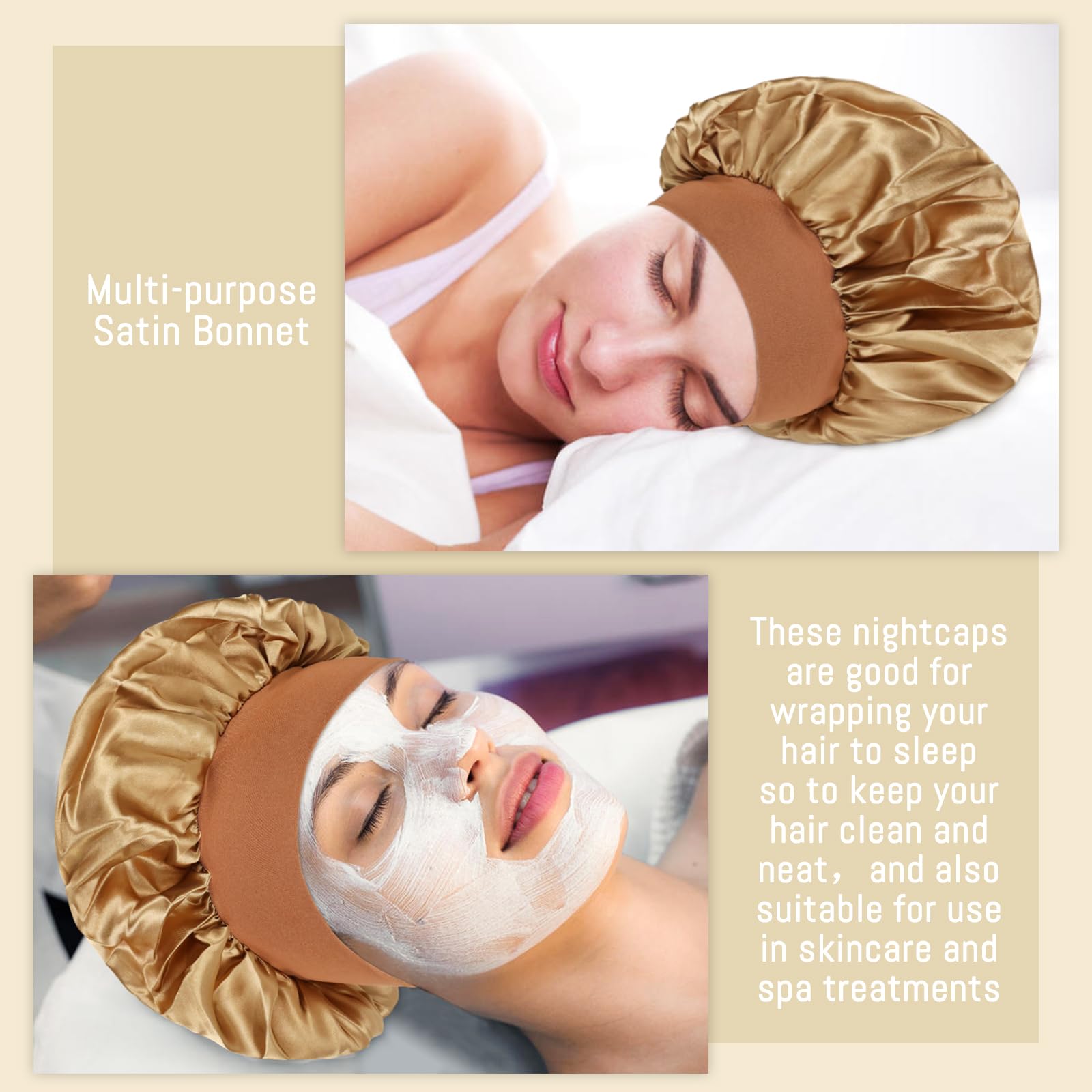 Yoosit 8 Pack Colors Satin Lined Silky Sleeping Bonnets Sleep Caps Curly Long Hair Protector Night Large Adjustable Wide Brim Band Sleep Hats Hair Wraps for Women Girls (Neutral Colors) - Image 4