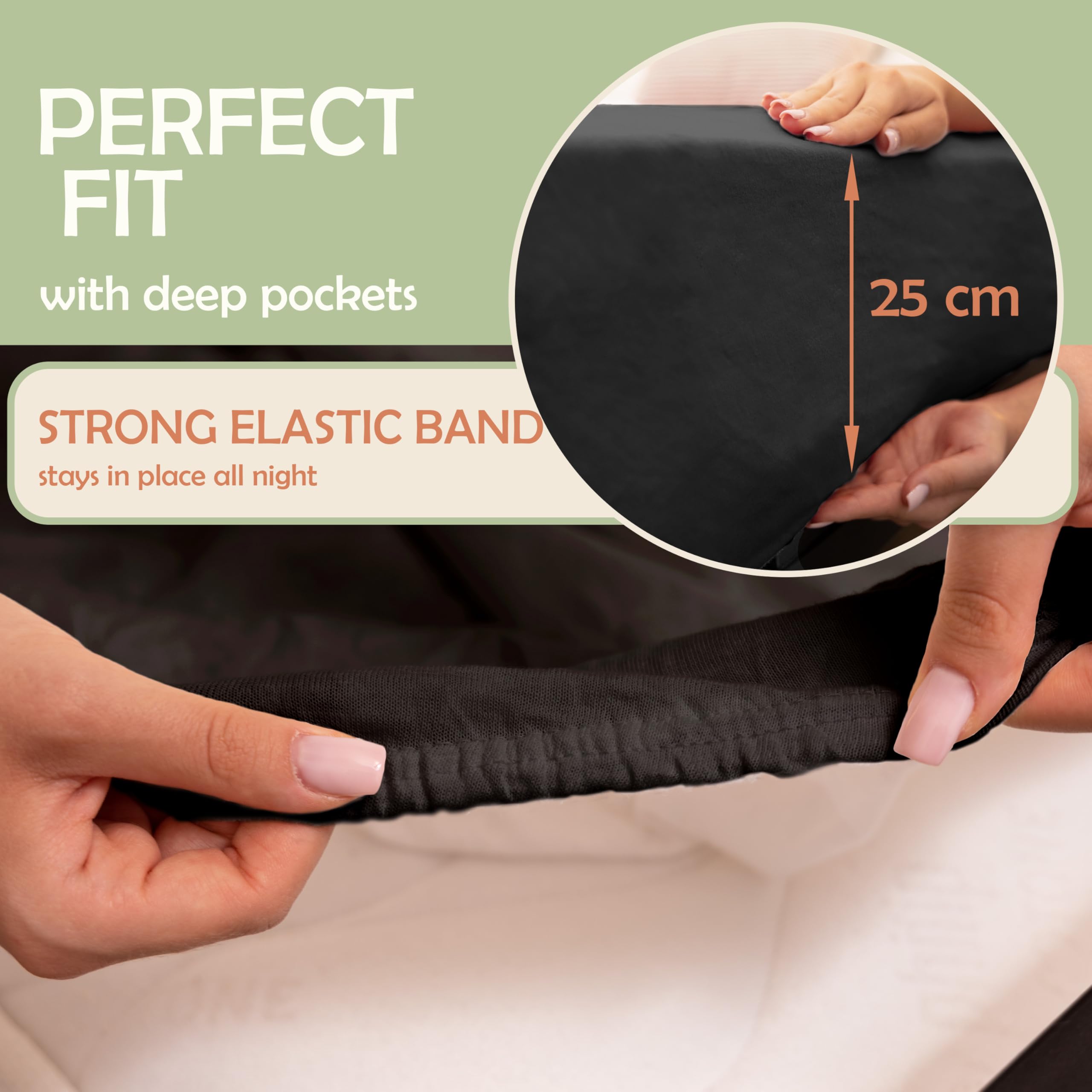 NatureMark Microfiber Fitted Sheet - Soft, Breathable & Comfortable - With Elastic Band - 120 x 200 cm - Black - Image 3