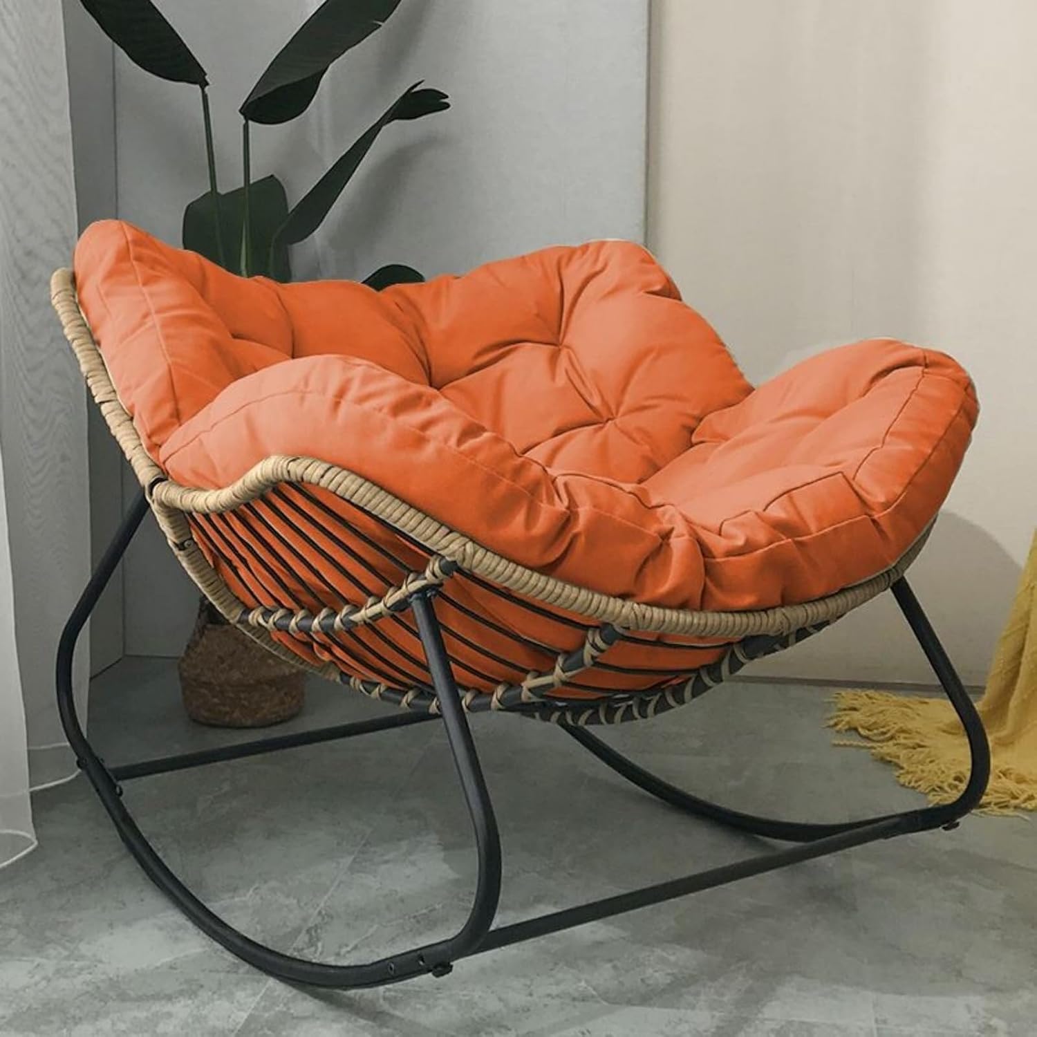 Patio Leisure Rocking Chairs，Patio Rocking Chair Outdoor Chair with Cushion Padded, Indoor Oversized Rattan Wicker Lounge Chair, Metal Frame Large Supports Modern Rocker Chair(Orange)