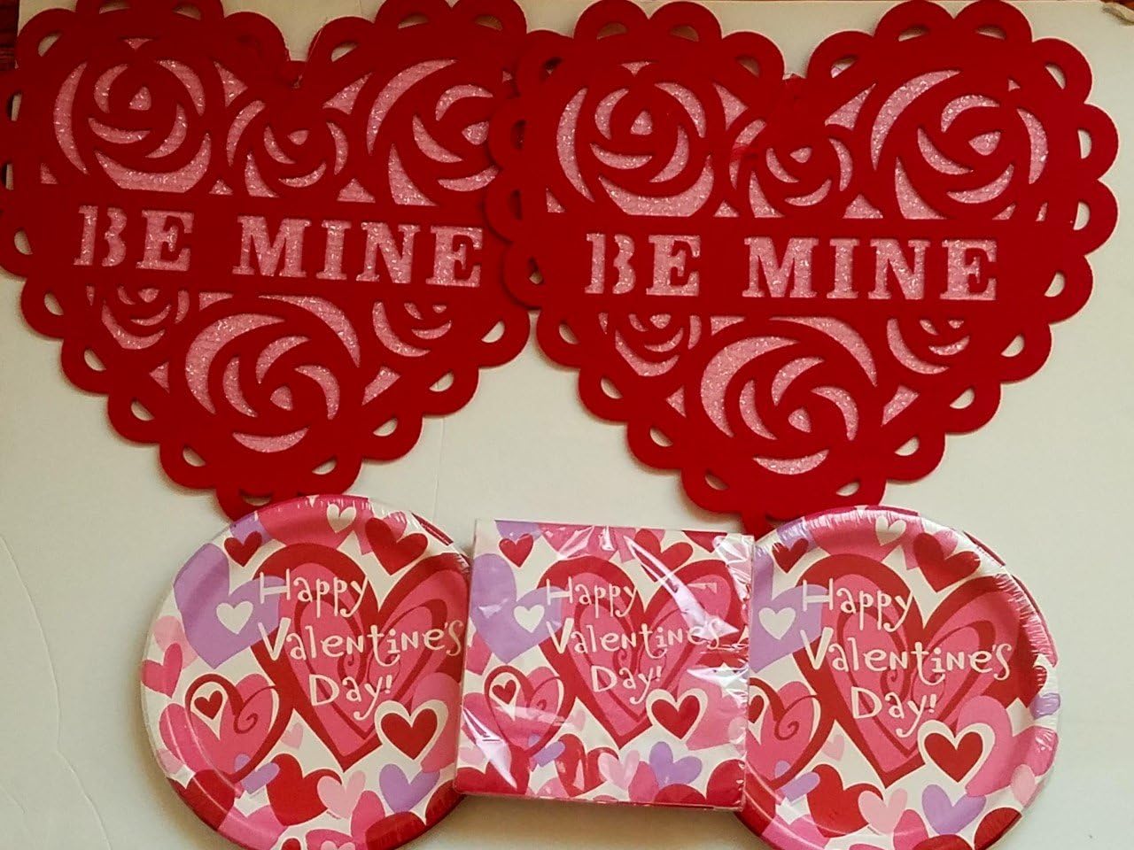 Valantines Day Party Decoration- 4 items; Plates, Napkins, Felt heart decor
