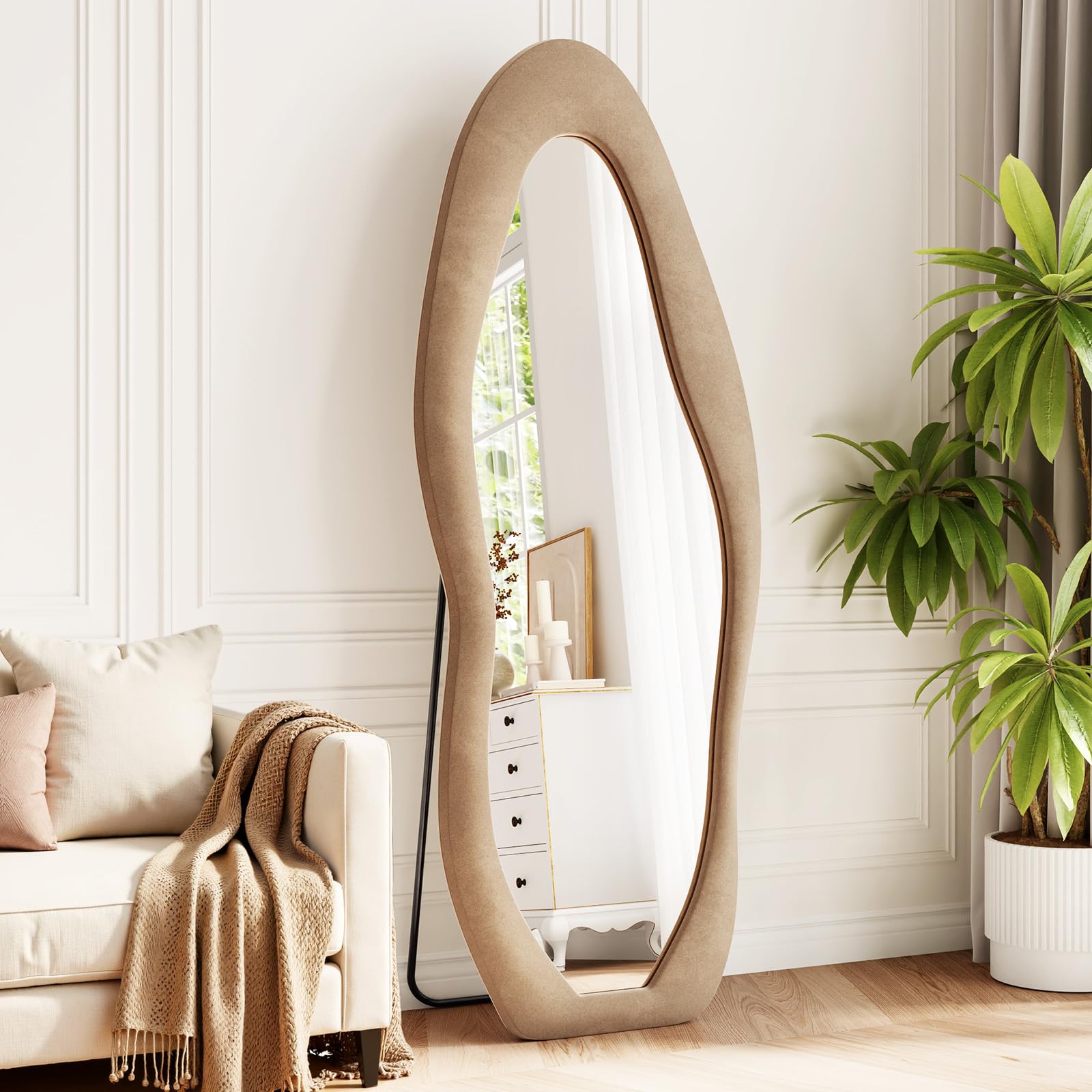 Photo 1 of FlyEcho Irregular Full Length Mirror, 63"x24" Flannel Full Body Mirrors, Velvet Floor Mirrors with Stand, Irregular Wavy Mirror Hanging or Leaning Against Wall for Bedroom Living Room, Brown