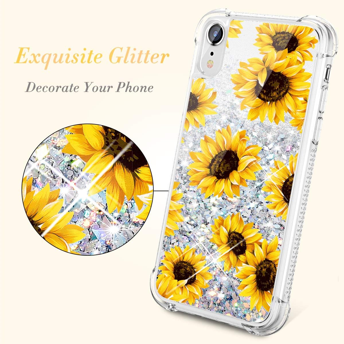 Caka Glitter Case for iPhone XR Case Sunflower Flower Bling Sparkle Fashion Luxury Flowing Liquid Floating Floral Glitter Soft TPU Clear Case for iPhone XR (6.1 inch) (Sunflower)