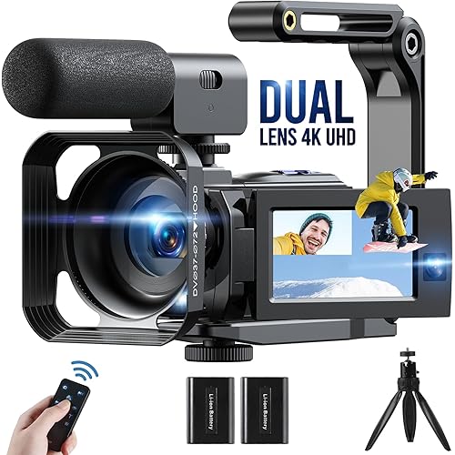 Video Camera Camcorder 4K 56MP Dual Lens Youtube Camera WiFi IR Night Vision 16X Digital Zoom 3” Touch Screen Vlogging Camera with Microphone,Handheld Stabilizer,Lens Hood,Remote,2 Batteries,Tripod