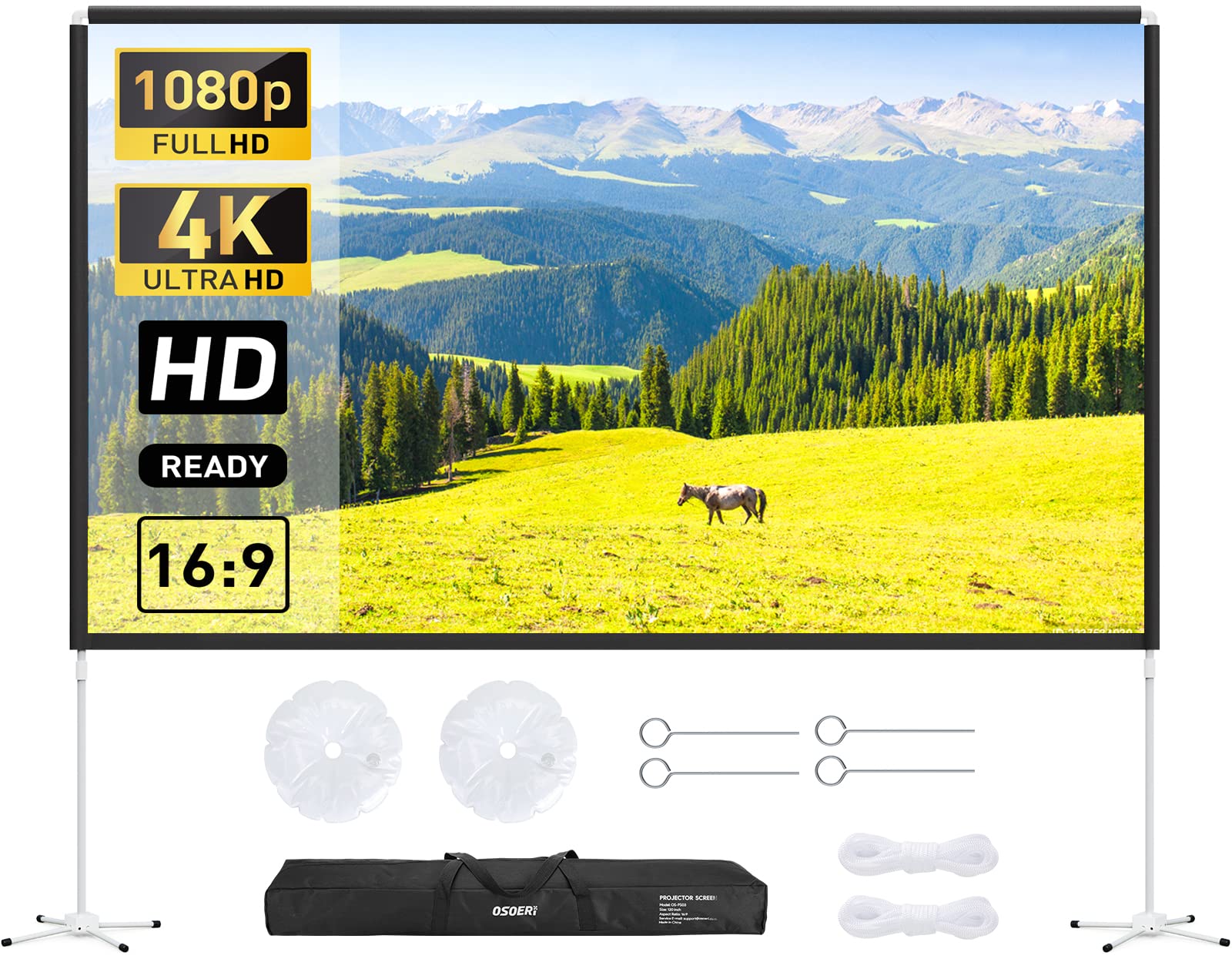 Projector Screen with Stand 120 inch Outdoor Indoor Projection Screen, Osoeri 16:9 4K Portable Doubl