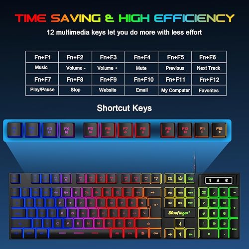 Miniatura 3 de BlueFinger Teclado para juegos USB con cable de tamaño completo, teclado retroiluminado con arco iris iluminado con teclas multimedia, escritura