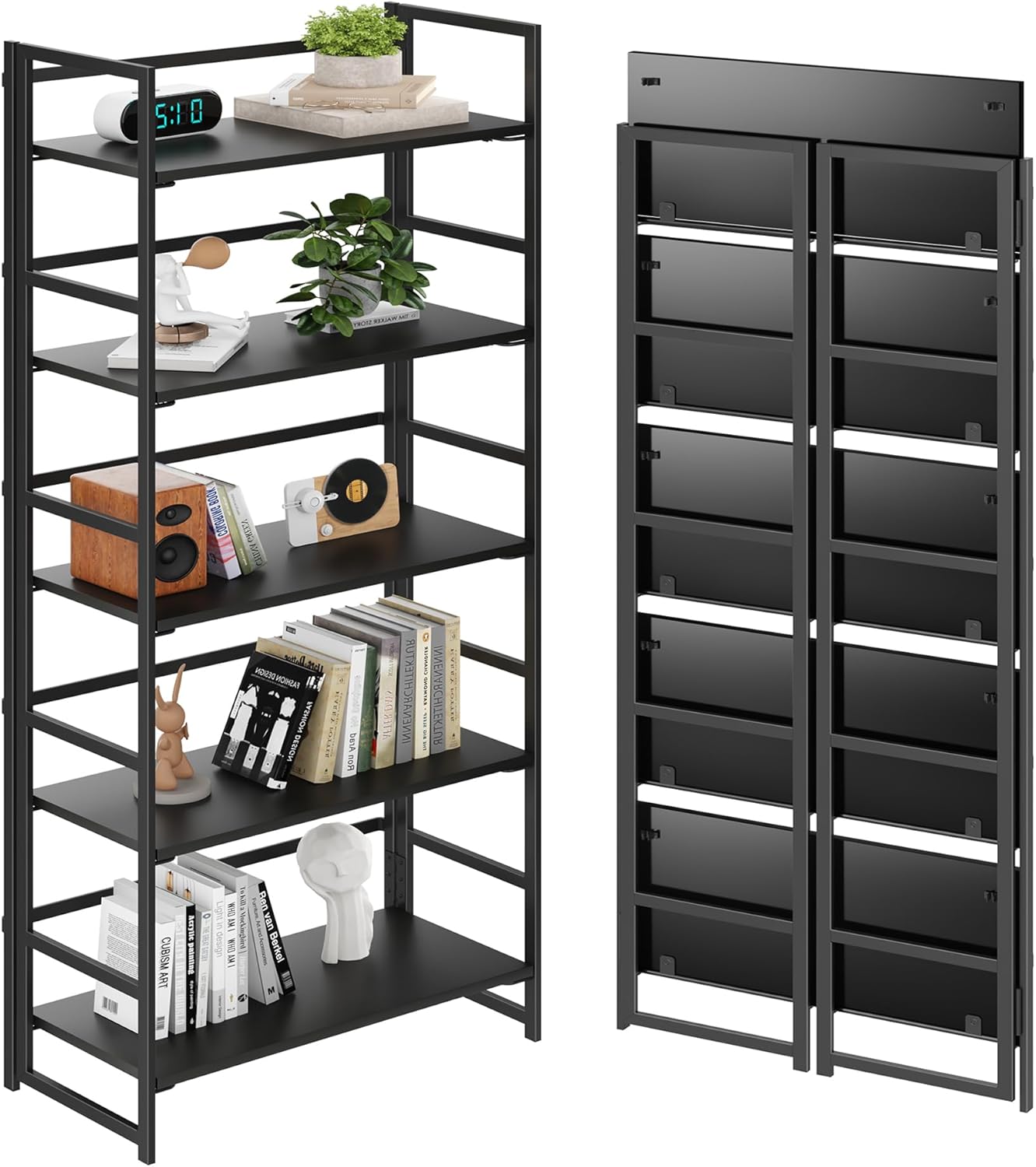 BHG Vintage Multifunctional Folding Bookshelf, No-Assembly Plant Stand Storage Rack Shelves for Home Office (All Black, 5-Tier) 5-tier All Black