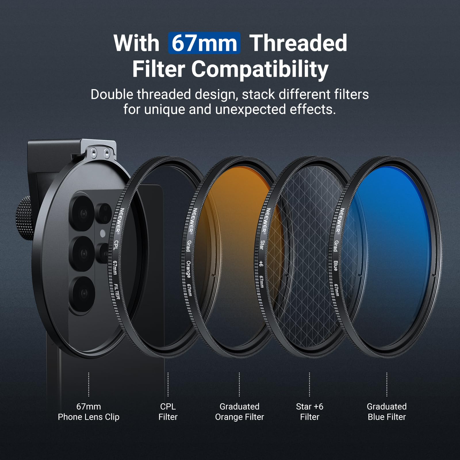 NEEWER Zestaw filtrów ND 67 mm z uchwytem filtrującym do telefonu komórkowego Cold Shoe, 7 sztuk, 4 filtry gradientowe, filtr gwiazdowy, filtr obiektywu ND32+CPL, kompatybilny z iPhone 17 16 Android