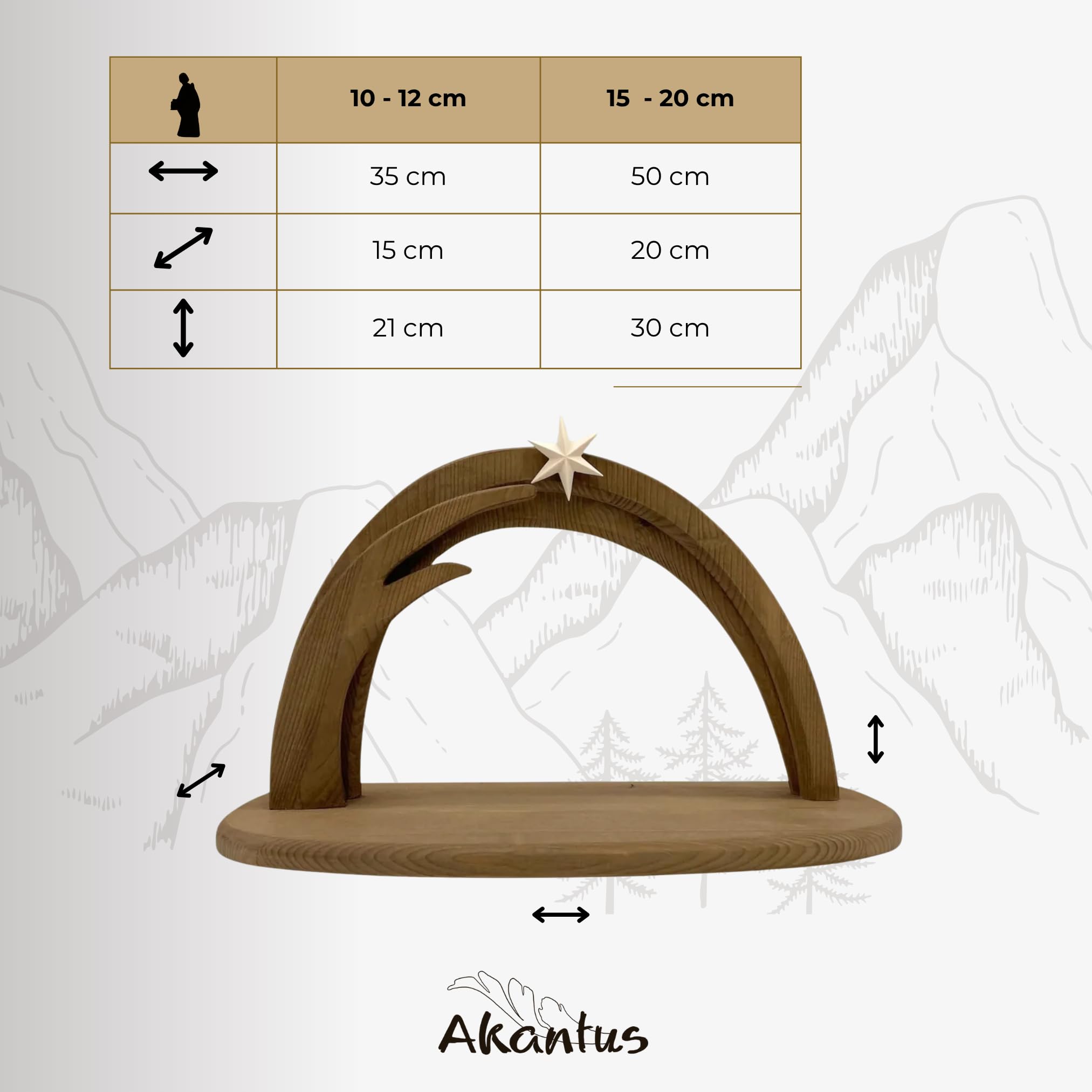 Akantus Krippe aus Holz: HL. Familie Natur mit Krippenbogen (13 cm)