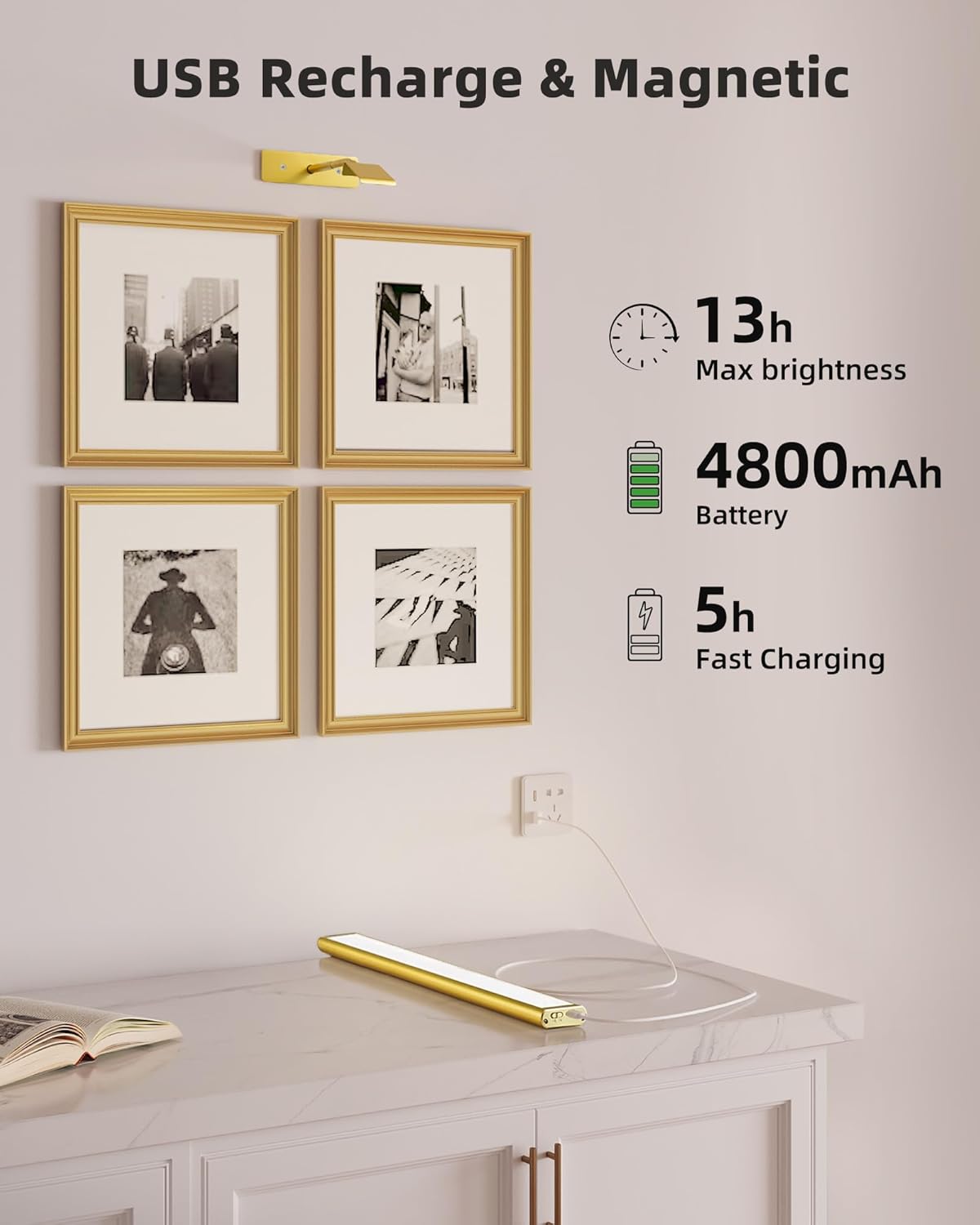 EZVALO Picture Light for Wall, 4800mAh Rechargeable Wireless Remote, Dimmable Magnetic LED Art Display Light with 3 Color Temperatures, for Gallery, Living Room, Bedroom, Hallway (Gold-2Pack)