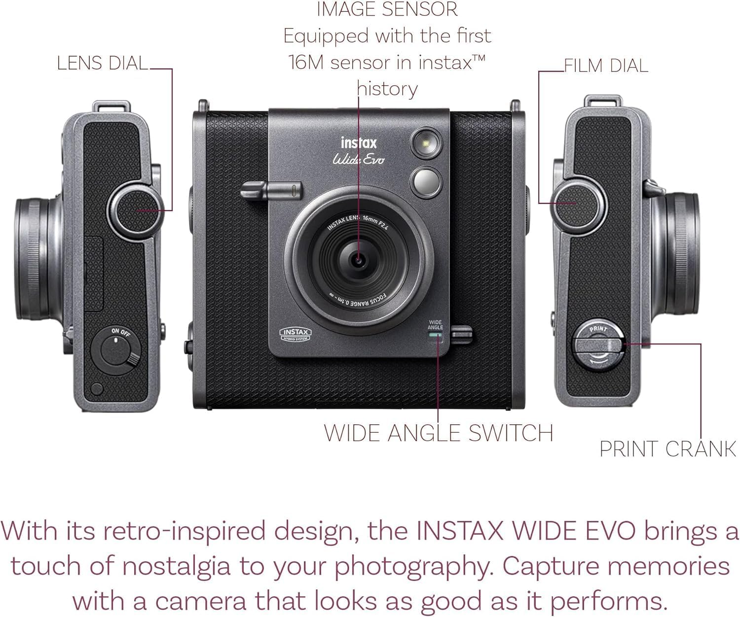 Fujifilm Instax Wide Evo Hybrid Instant Film Camera Bundle with Fuji Instax-Wide Instant Film and Pixibytes Microfiber Cleanin Cloth (2 Wide Twin Bundle, Black)