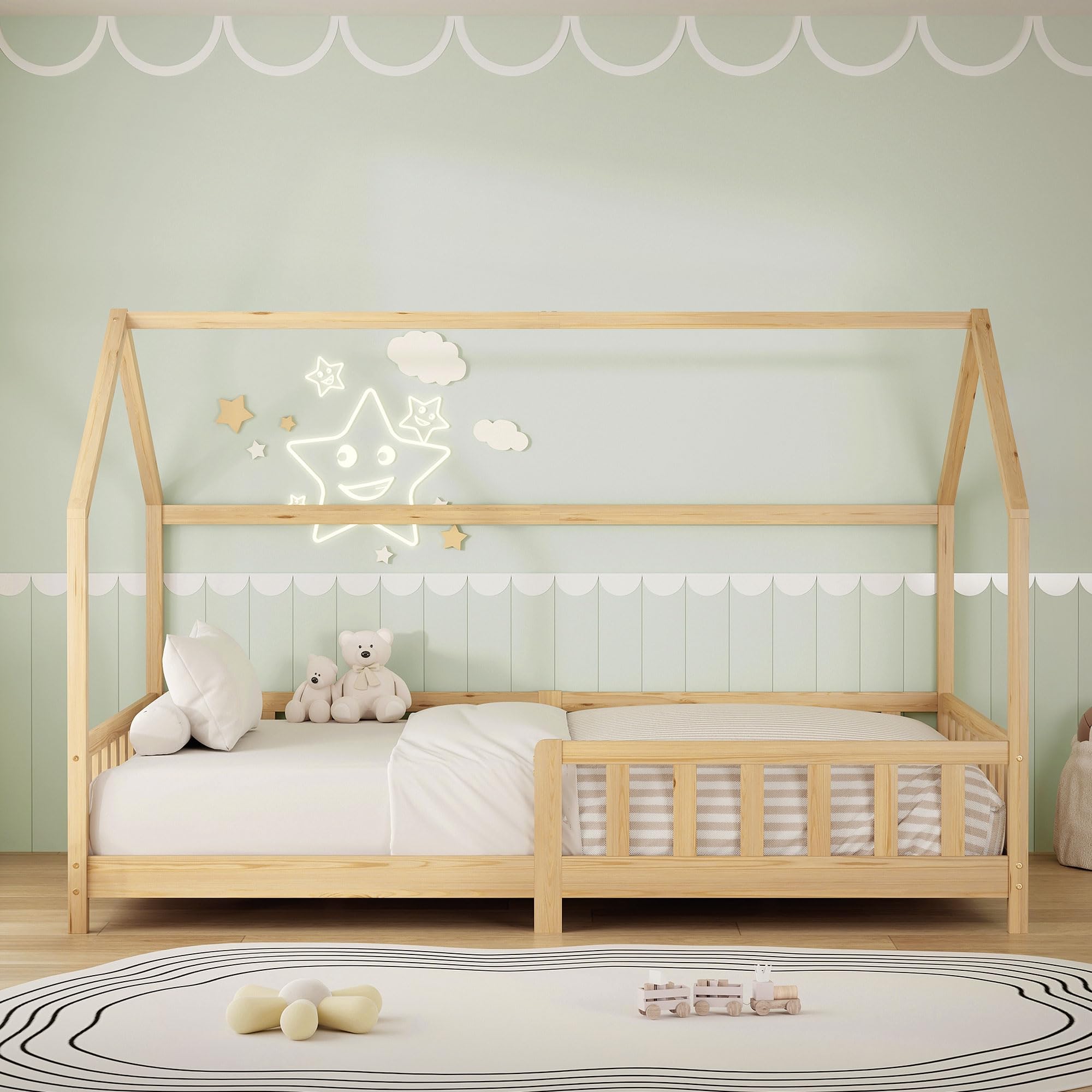ML-Design Letto a Casetta per Bambini 120x200 cm con Protezione Anticaduta, Tetto e Rete a Doghe, Naturale, Letto a Terra Montessori in Legno Massello di Pino, Letto Singolo per Cameretta