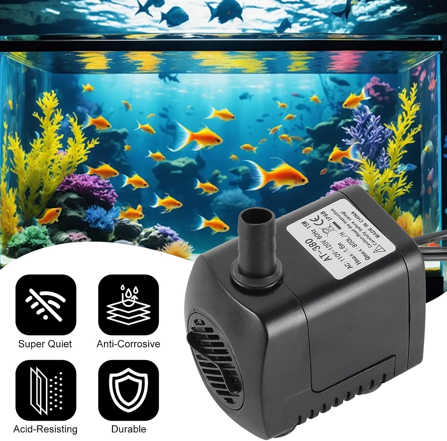 15W 220 GPH Submersible Fountain Pump with LED Light (800L/H), Ultra Quiet Adjustable Water Pump for Water Feature, Hydroponics, Garden, Pond, Aquariums, Fish Tanks, Indoor Outdoor Fountain (1pcs)