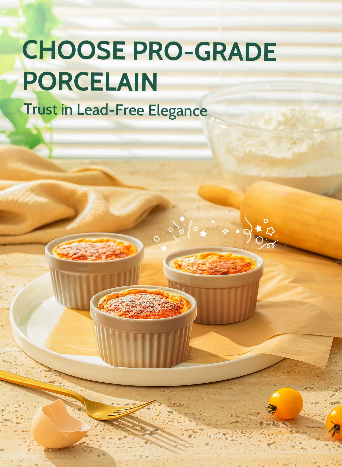 HomEdge Ramekins Porcelaine 240ml - Lot De 6 - Pour Crème Brûlée, Soufflé, Cuisine Et Service
