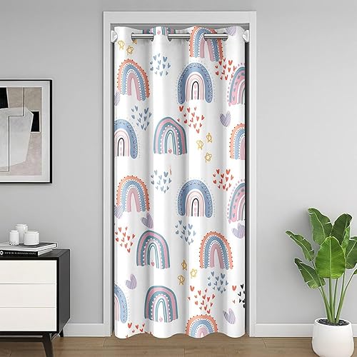 Erosebridal Cartoon Rainbow Blackout Curtain for Kids Boys Girls Love Pattern Door Curtain Black Pink Heart Star Hand Drawn Doorway Curtain Blue Pink Privacy Door Drape, 1 Panel, 34" W X 80" L