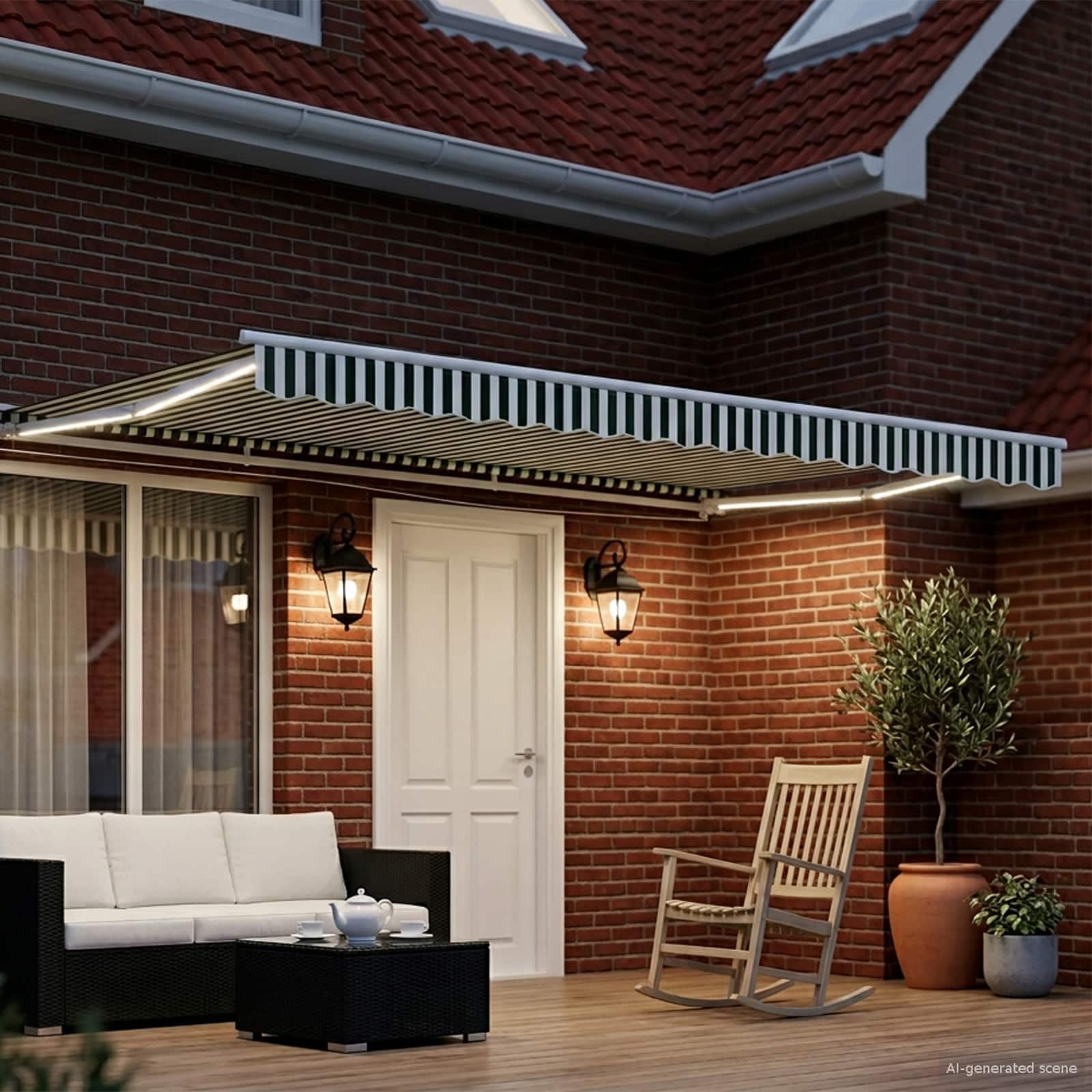 Store Banne Rétractable Électrique 5x3,5 m, Auvent de Jardin Motorisé avec Télécommande et Manivelle, Toile Polyester Vert et Blanc pour Terrasse et Extérieur
