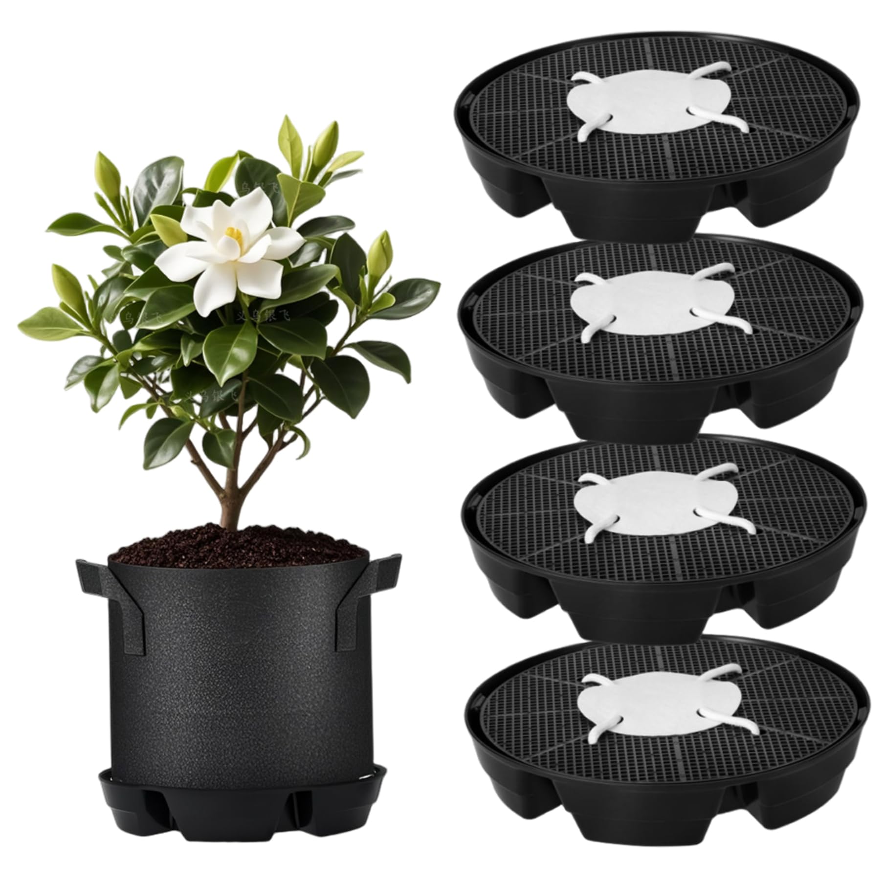 Base de maceta de tela con riego automático, paquete de 4 macetas de tela con mecha de agua ajustable para bolsas de cultivo |.Sistema de autorriego para plantas en macetas de interior, jardines y ti