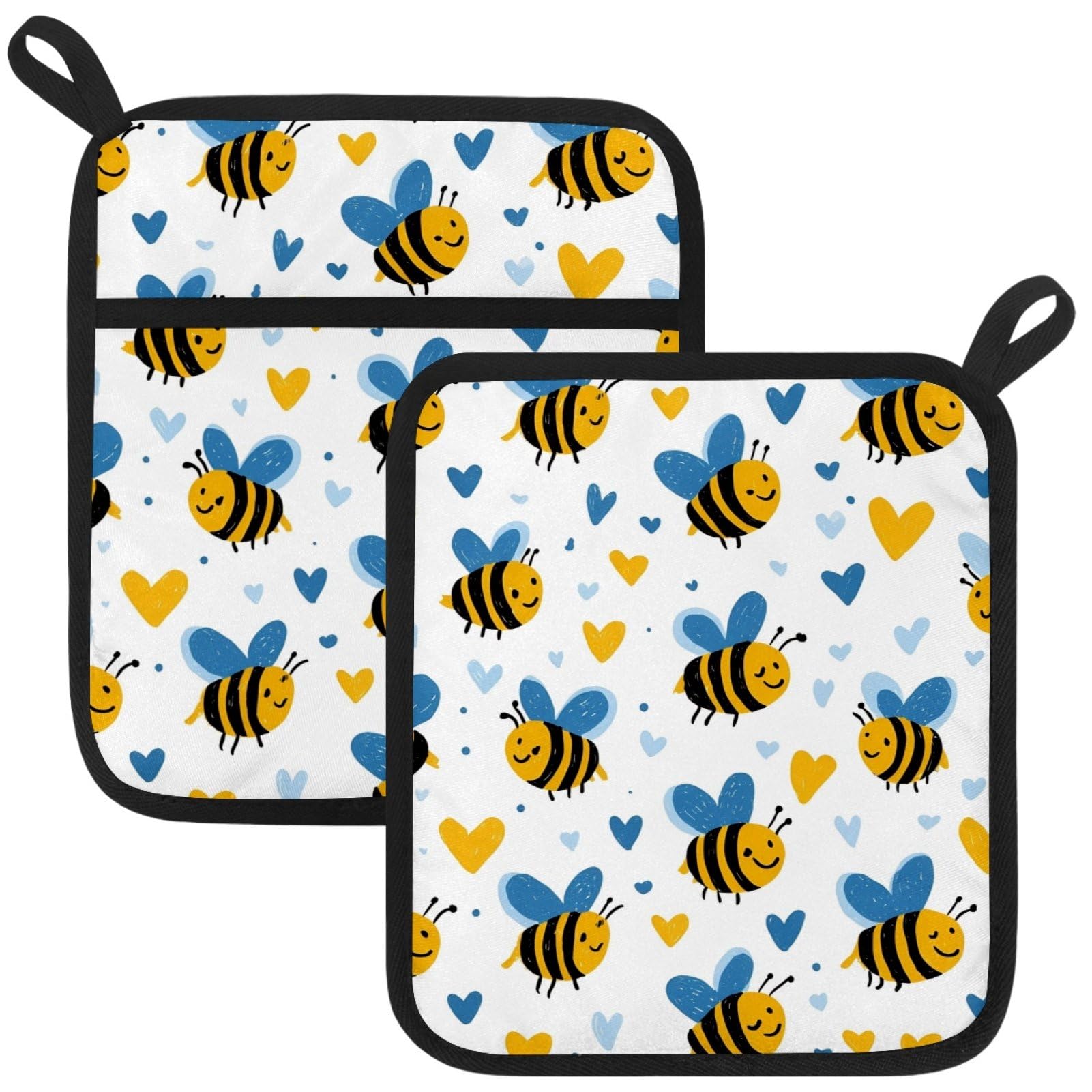 VAPOKF Cartoon Bee Pot Holders with Pocket for Kitchen Heat Resistant Potholders Large Polyester-Cotton Square Oven Mitts Set