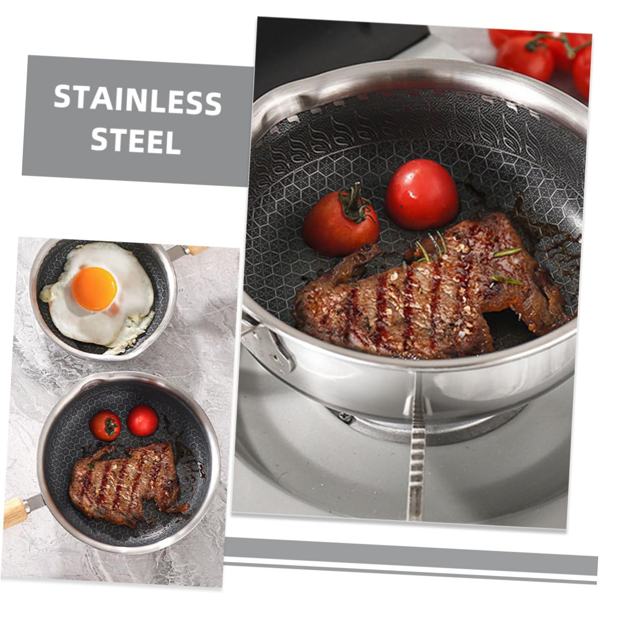POPETPOP Padella Antiaderente in Acciaio Inox Padella per Uova e Bistecche Fondo Piatto per Distribuzione Calore Uniforme Comodo Manico per Presa Salda Leggera e Portatile