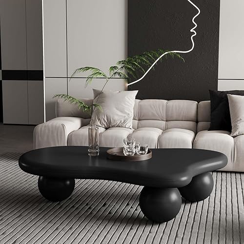 47" Modern Black Coffee Table Cloud Shape Low Center Table Cute Irregular Indoor Tea Table with 3 Ball Legs for Living Room Small Space