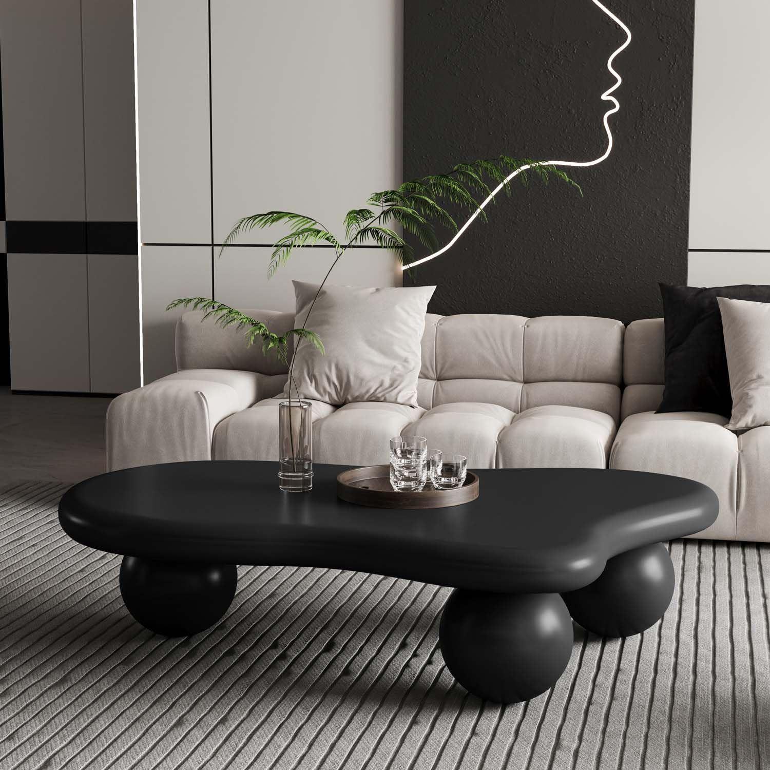 47" Modern Black Coffee Table Cloud Shape Low Center Table Cute Irregular Indoor Tea Table with 3 Ball Legs for Living Room Small Space