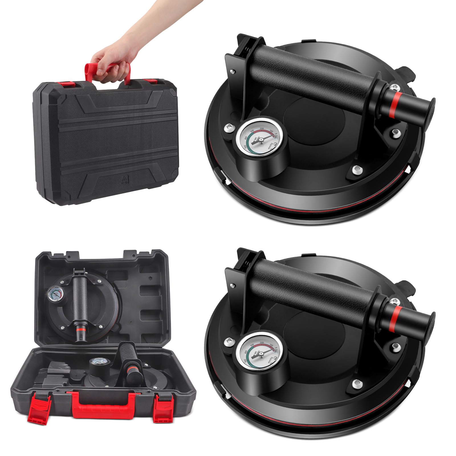 8'' Glass Suction Cups To Lift Large Glass 2 Pack, Metal Handle, 794 Lbs Load Capacity, Vacuum Suction Cup Lifter With Pressure Gauge For Tiles