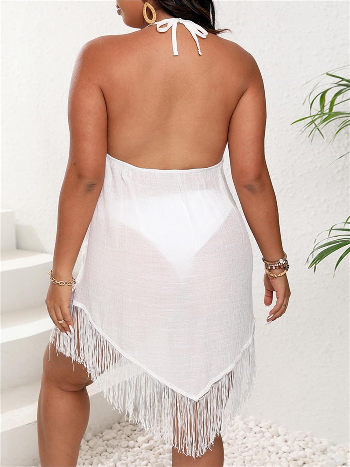 Traje de baño de Talla Grande Sexy sin Espalda for Mujer, Pareo de Bikini con Flecos for Playa de Verano para Playa，Piscina(White,3XL)